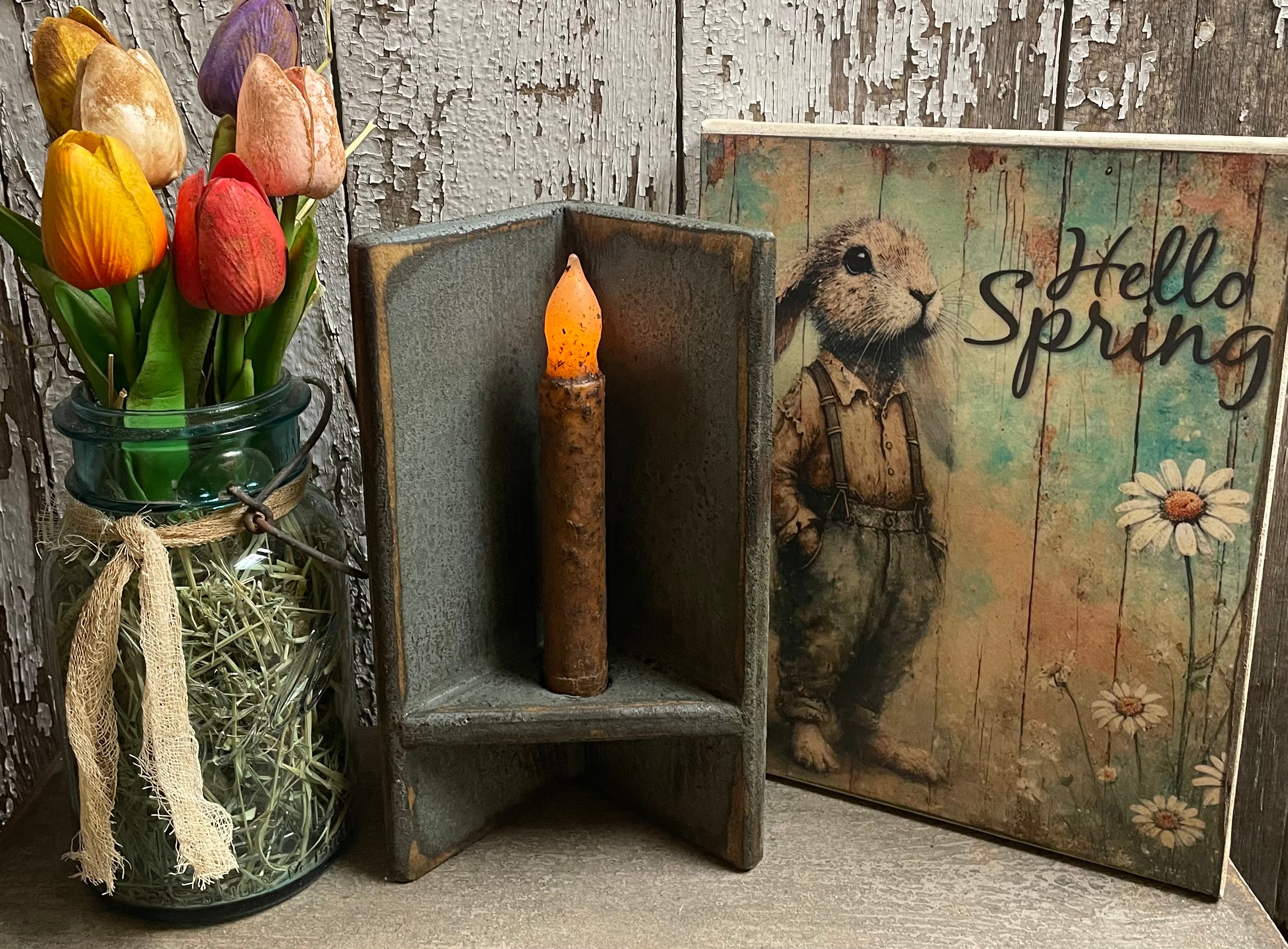 Primitive Corner Sconce With Candle 9x3x4 Country Blue – Old Goat