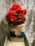 Primitive Geraniums Flag Cheesecloth On Pelt Board 18x6