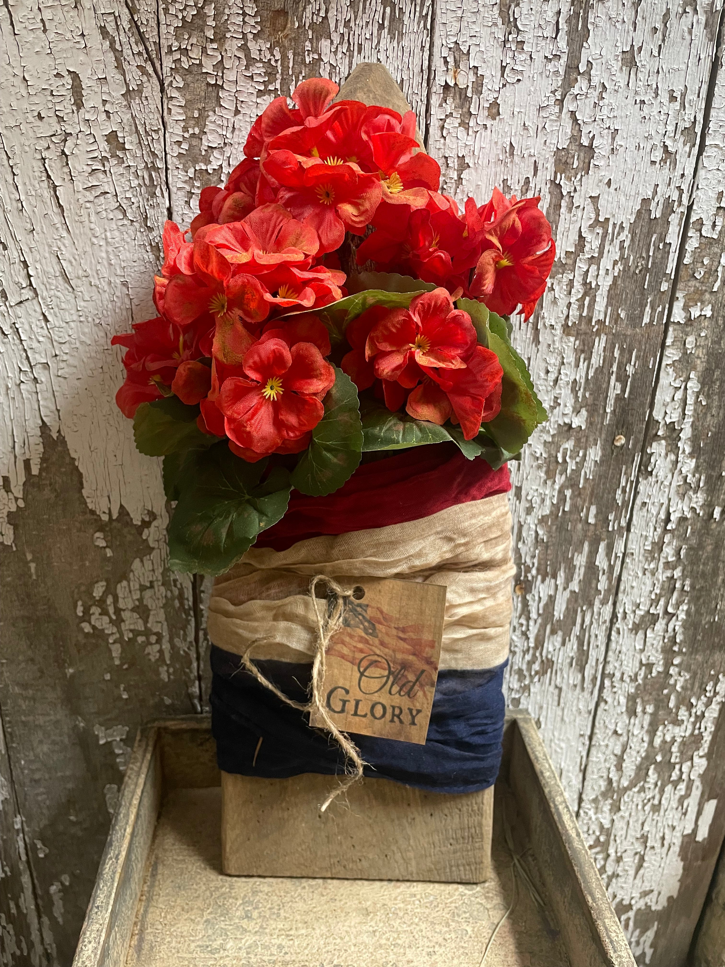 Primitive Geraniums Flag Cheesecloth On Pelt Board 18x6