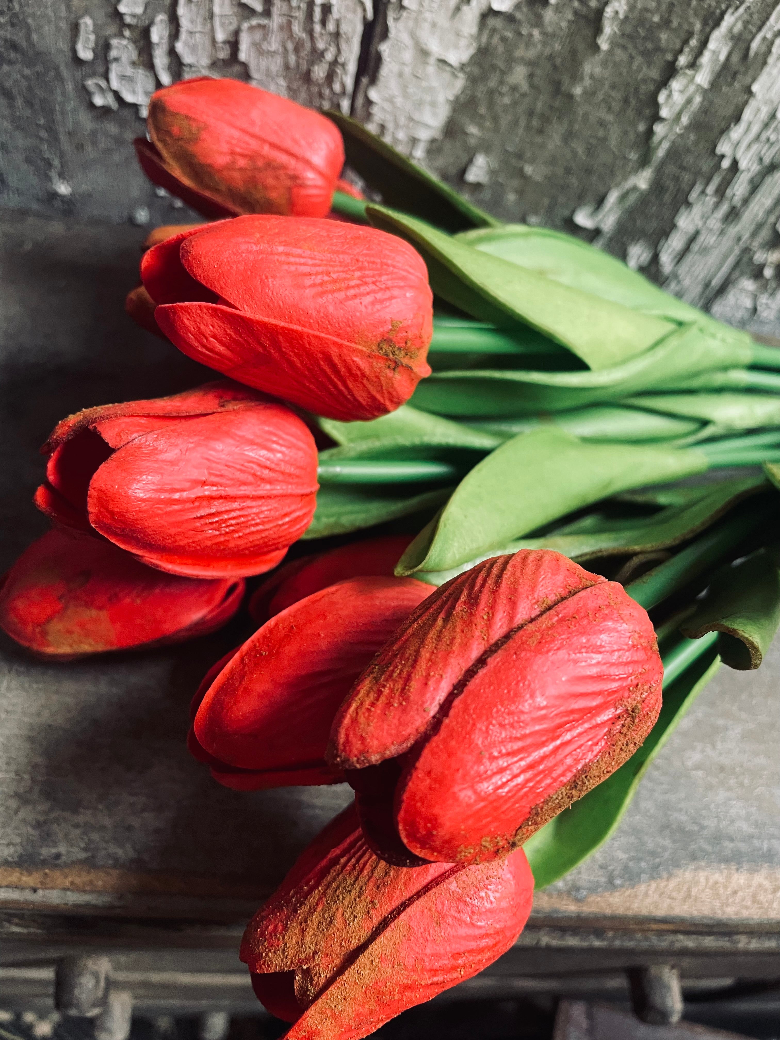 12 Primitive Grunged Red Faux Tulips 14x1