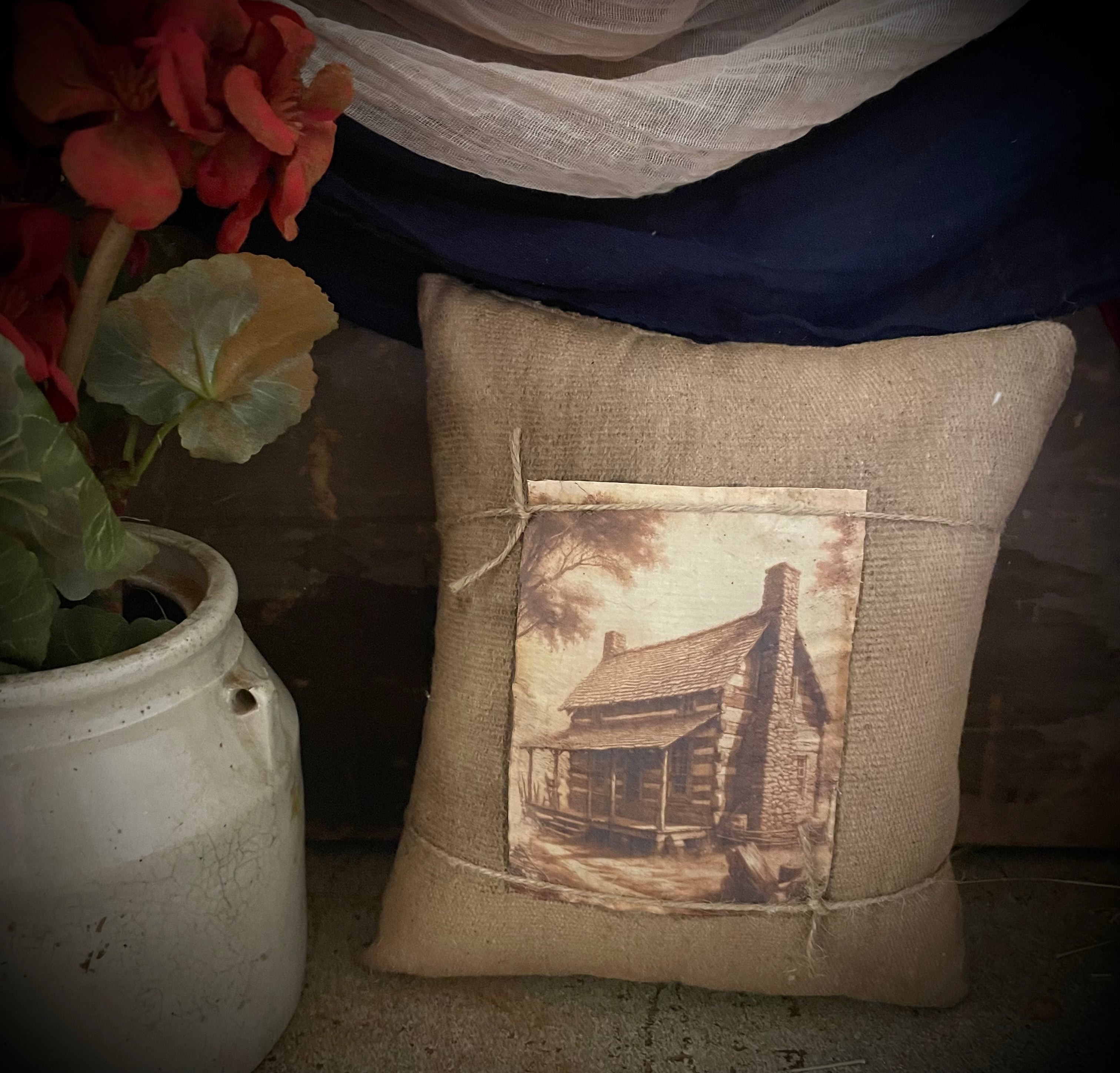 Small Primitive Americana Feedsac Pillow 10x8