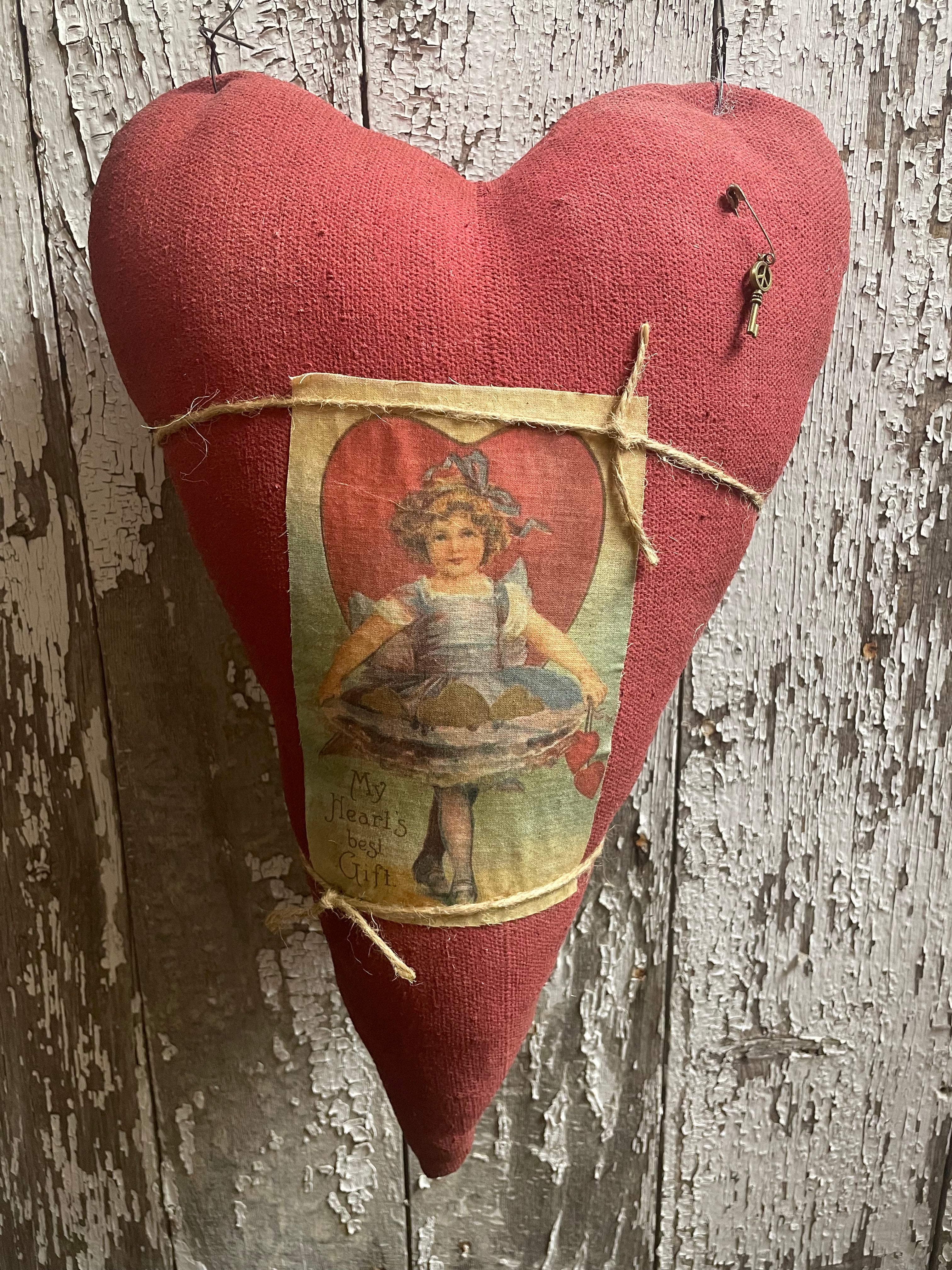 Primitive Grungy Feedsac Heart Door Hanger With Picture Red 18x11