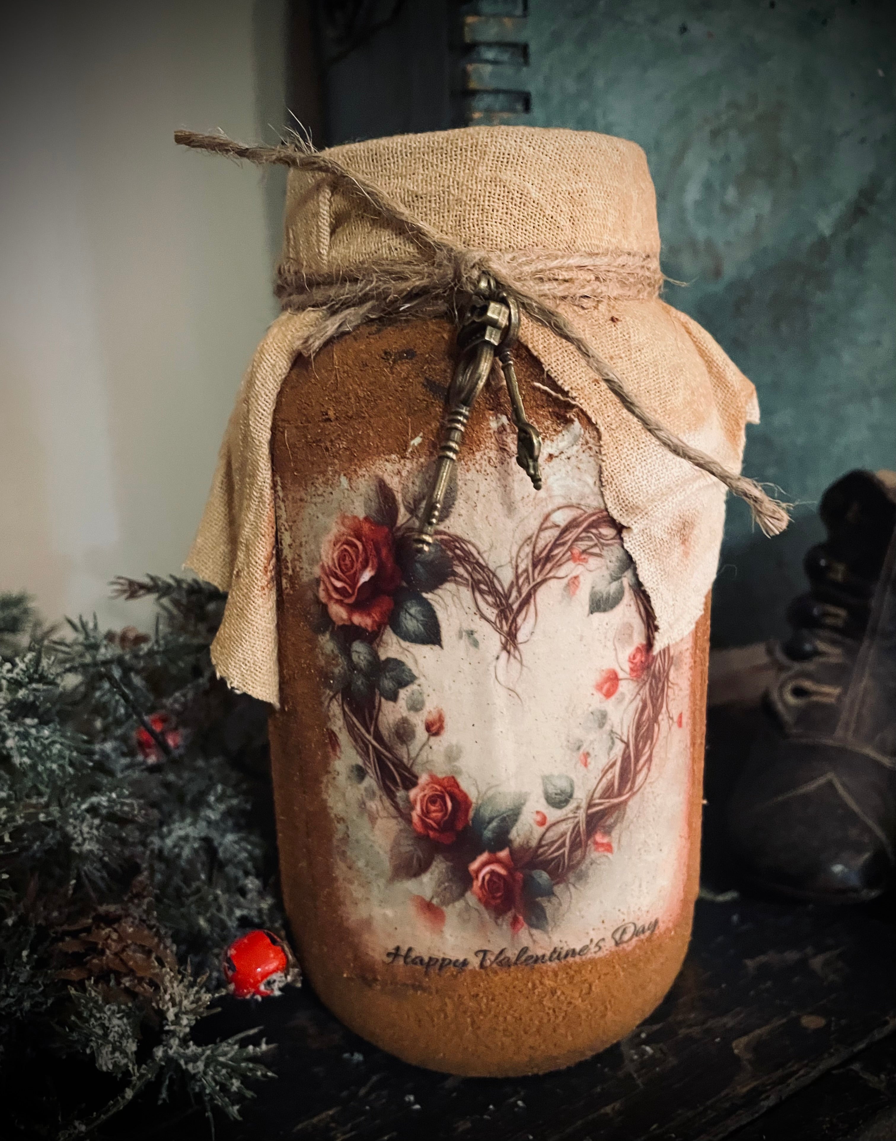 Primitive Valentines Jar With Picture And Keys 6x4