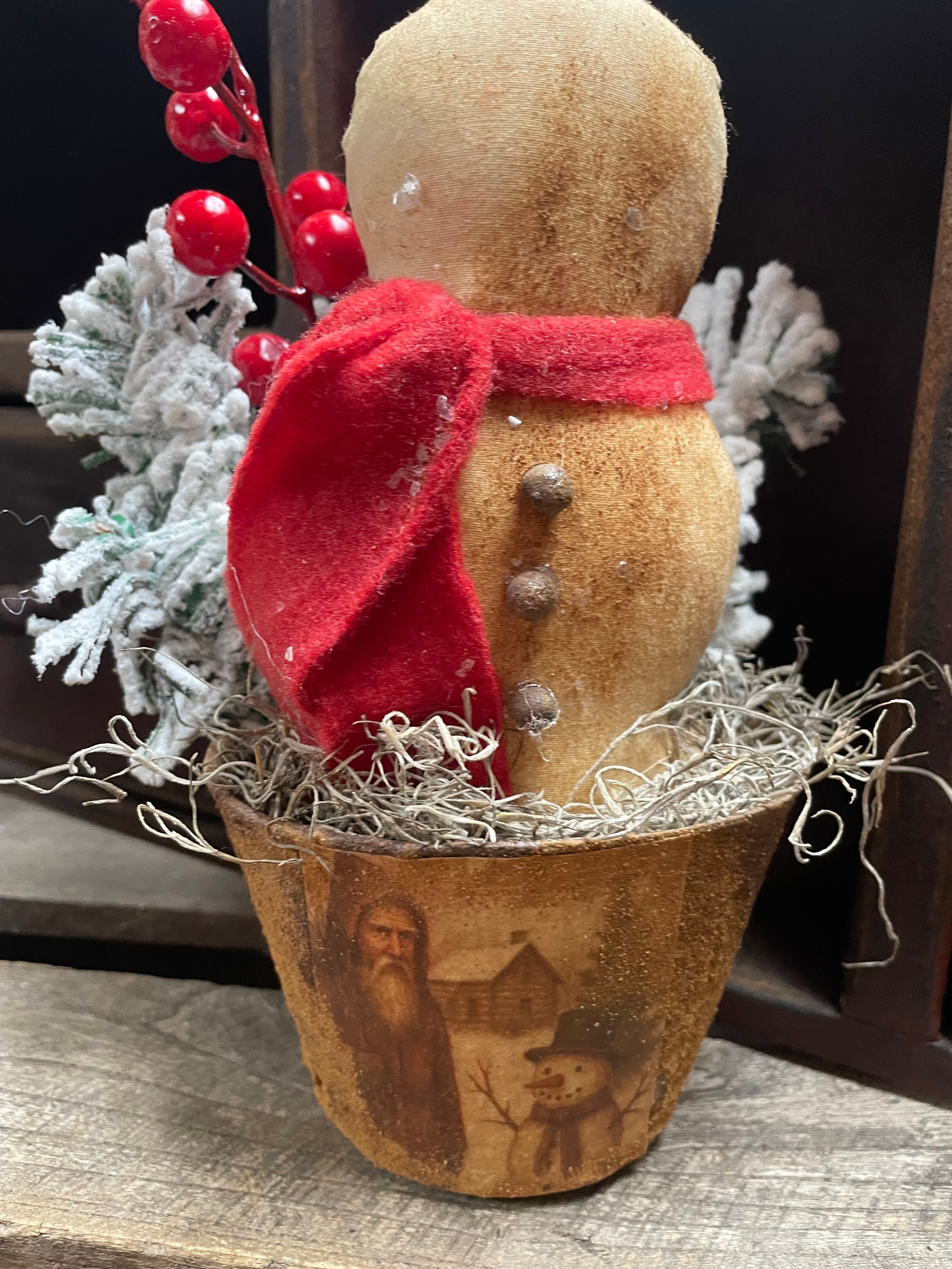 Primitive Grungy Christmas Snowman In Pot 8x4
