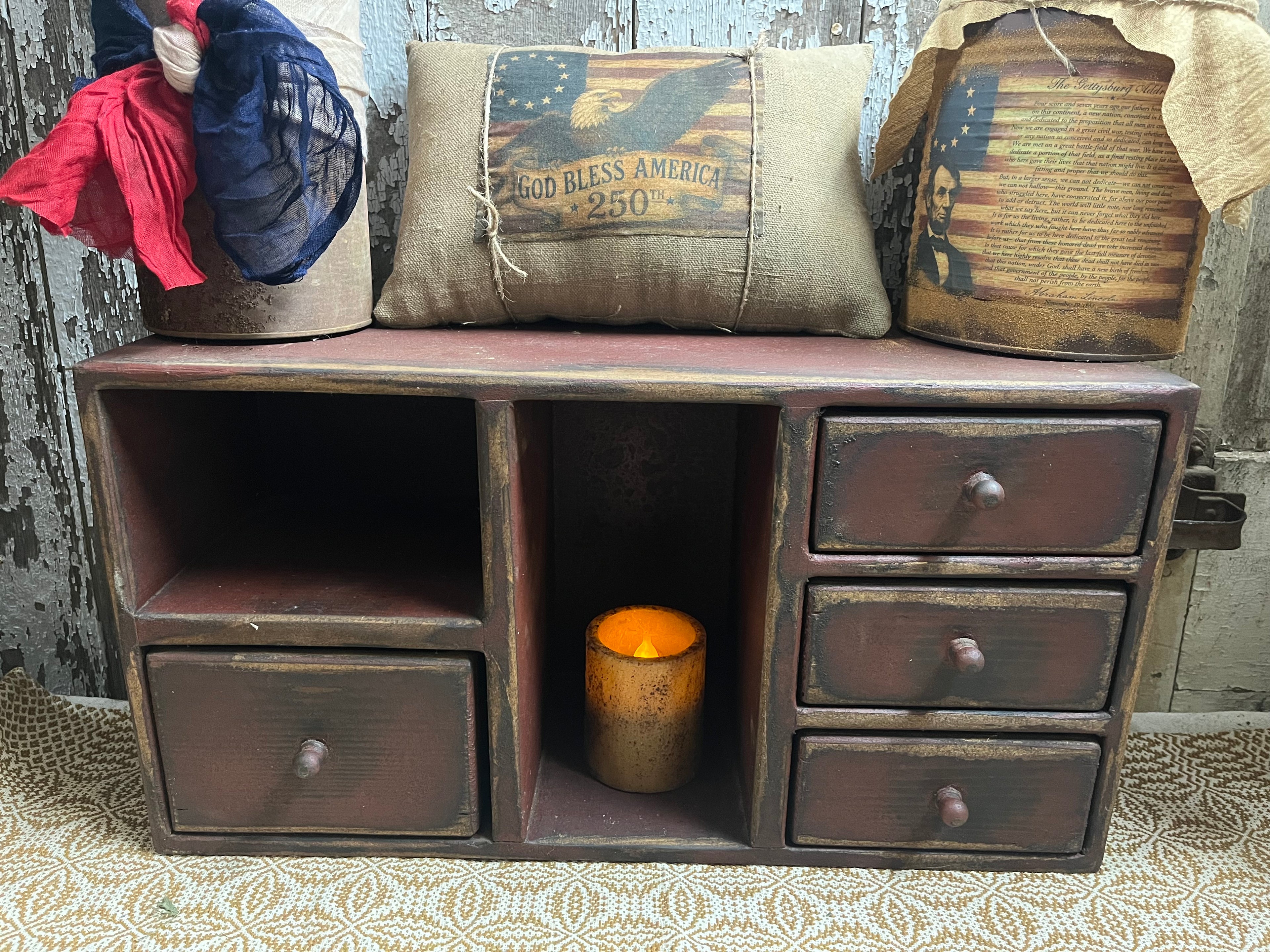 Primitive Wooden Four Drawer Cubby 21x11x7 Red