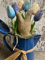 6 Primitive Tulips And Peep In Antique Tea Pot Gathering 12x8