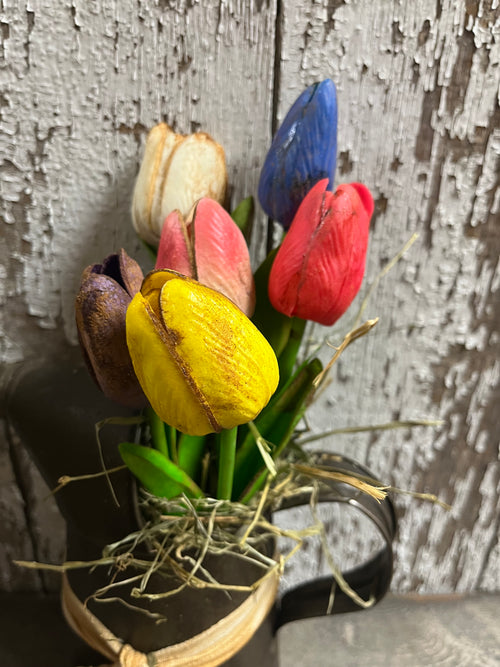 6 Primitive Tulips In Antique Oil Can Gathering 11x9