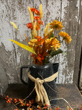 Primitive Flowers In Antique Enamelware Coffee Pot Gathering 8x16