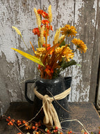 Primitive Flowers In Antique Enamelware Coffee Pot Gathering 8x16