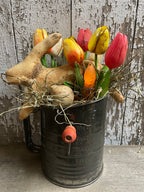 Primitive Bunny Egg Gourd And Tulips With Tapered Candle In Antique Sifter Gathering 12x7