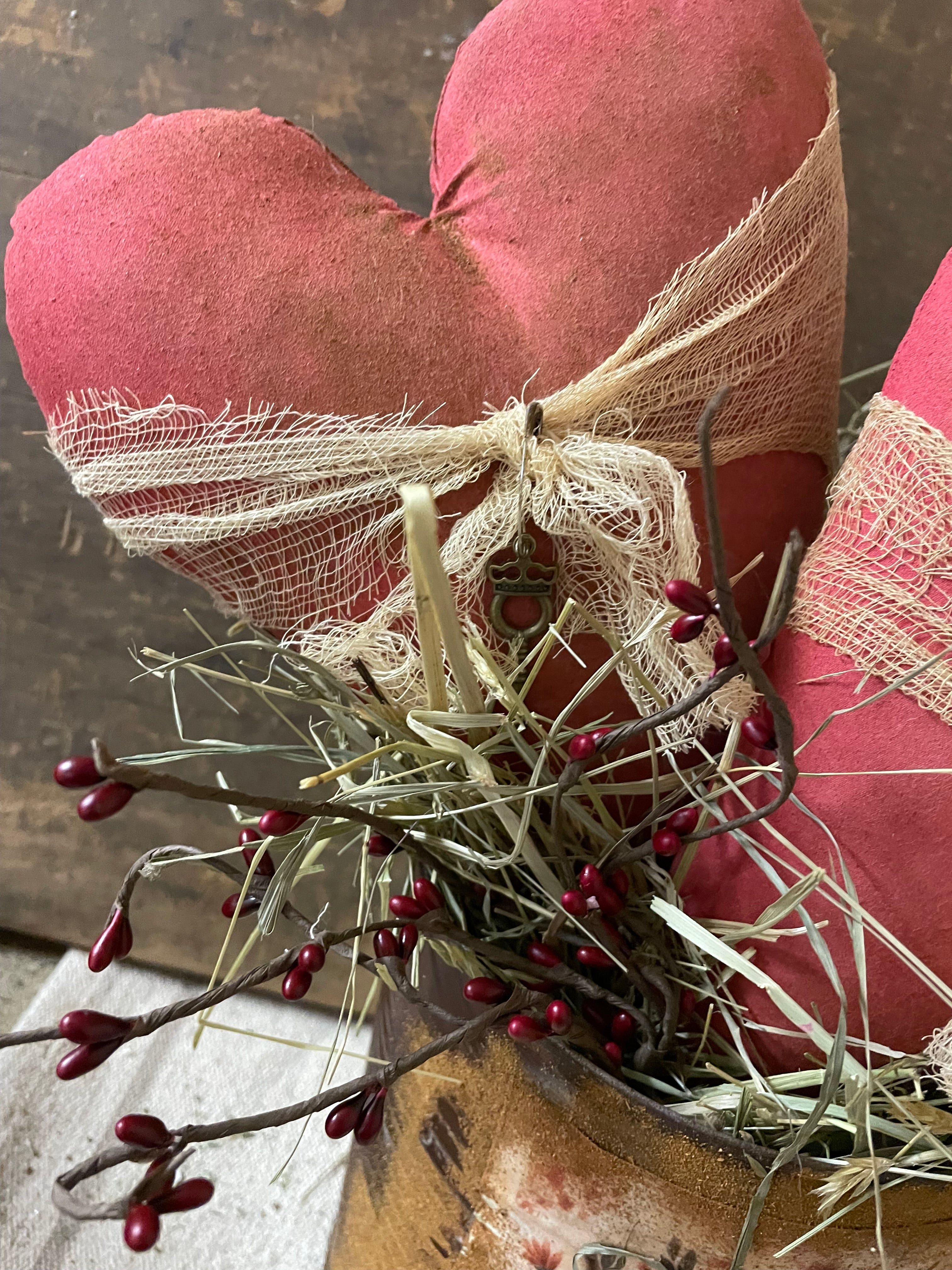 Primitive Valentines Two Hearts In Can Shelf Sitter 16x7