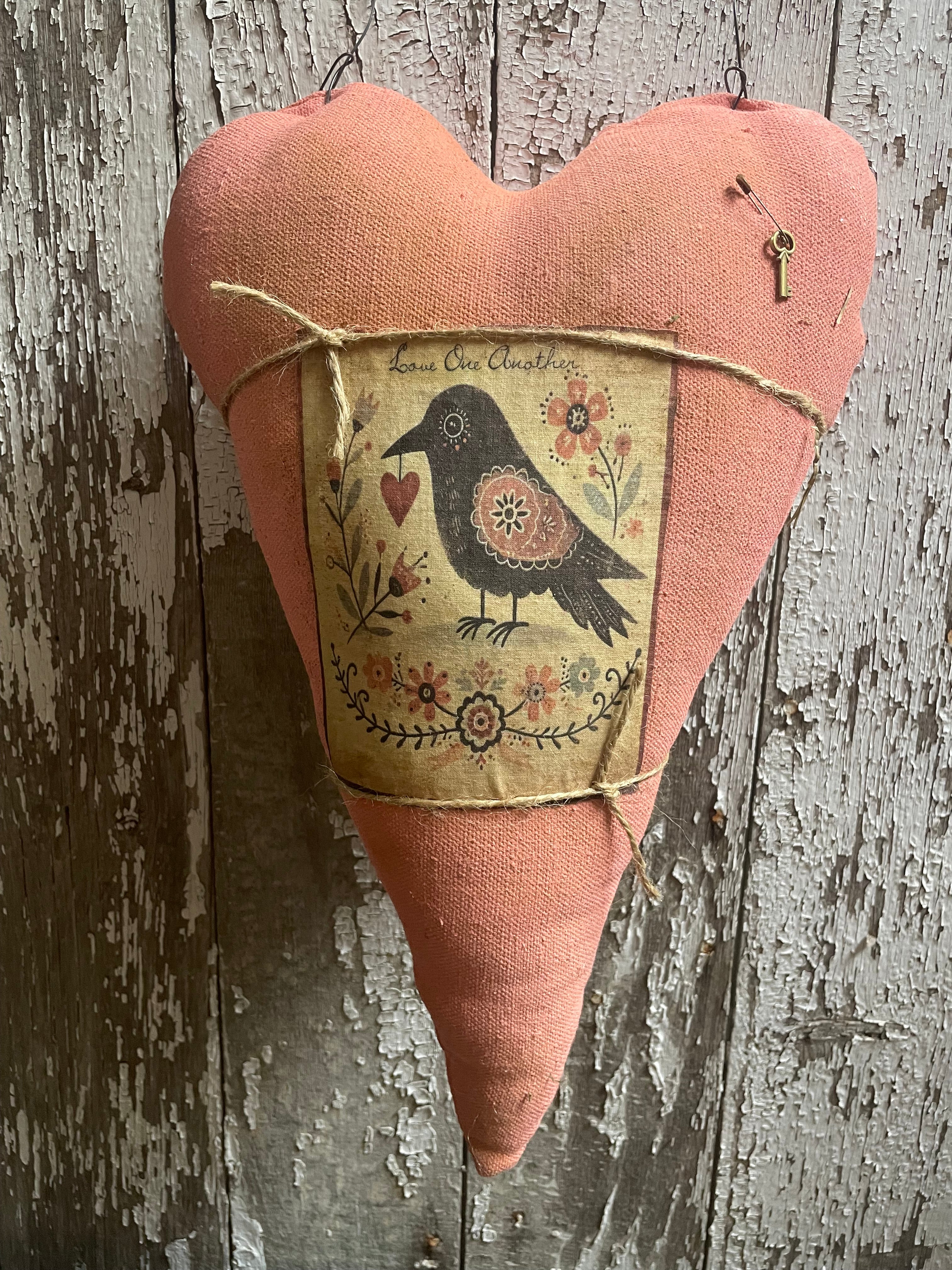 Primitive Grungy Feedsac Heart Door Hanger With Picture Pink 18x11