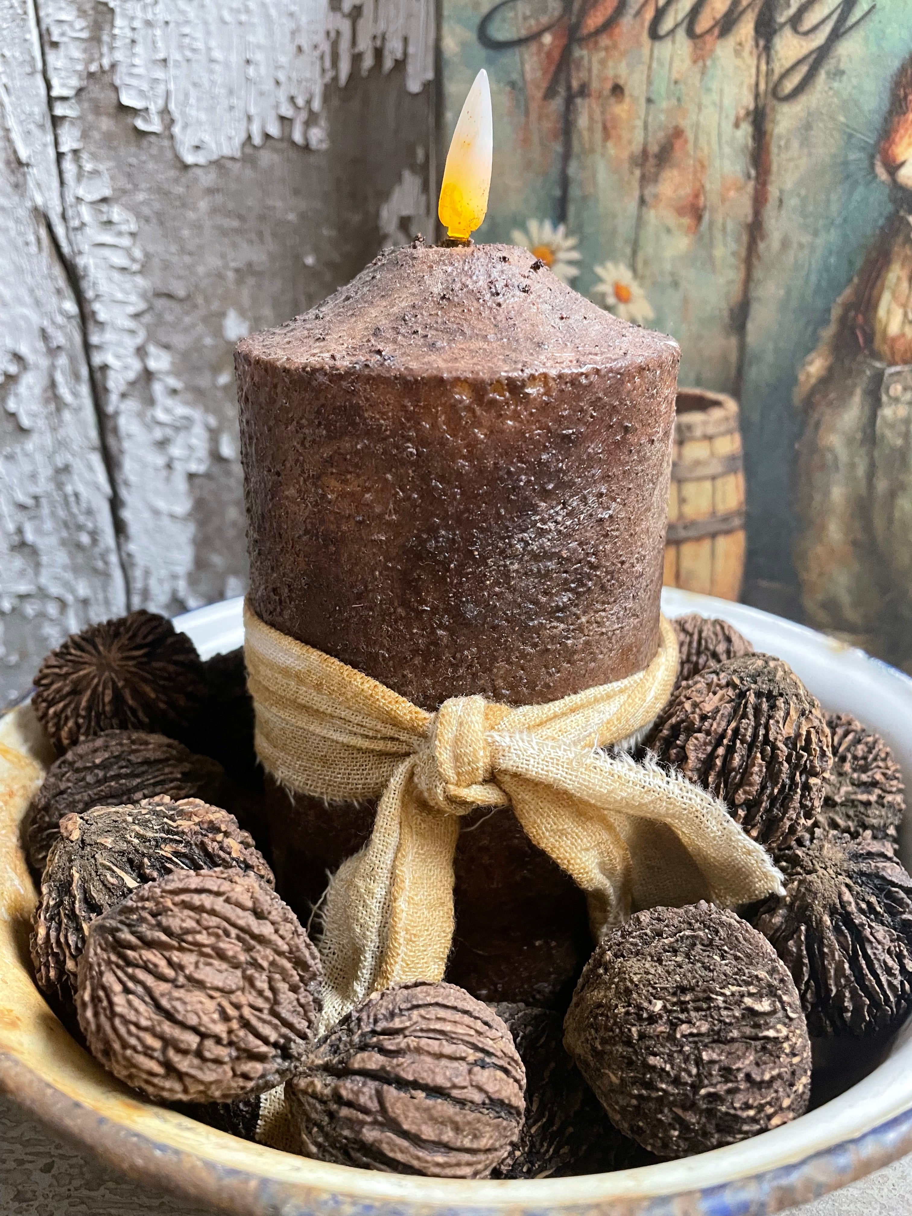 25 Primitives Black Walnuts And Candle In Enamelware Bowl 9x8