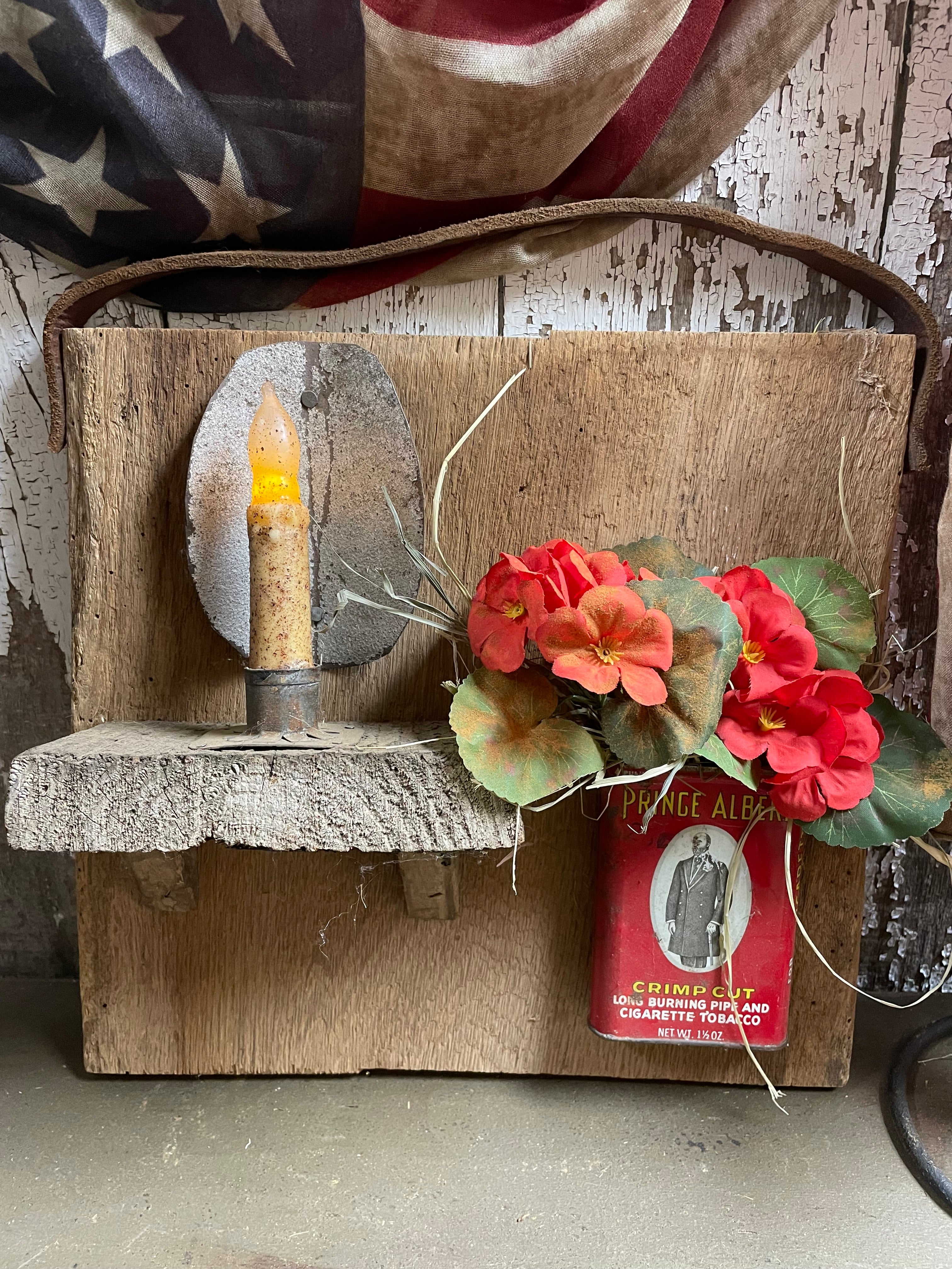 Primitive Large Wall Hanger With Candle Sconce And Geraniums 14x13