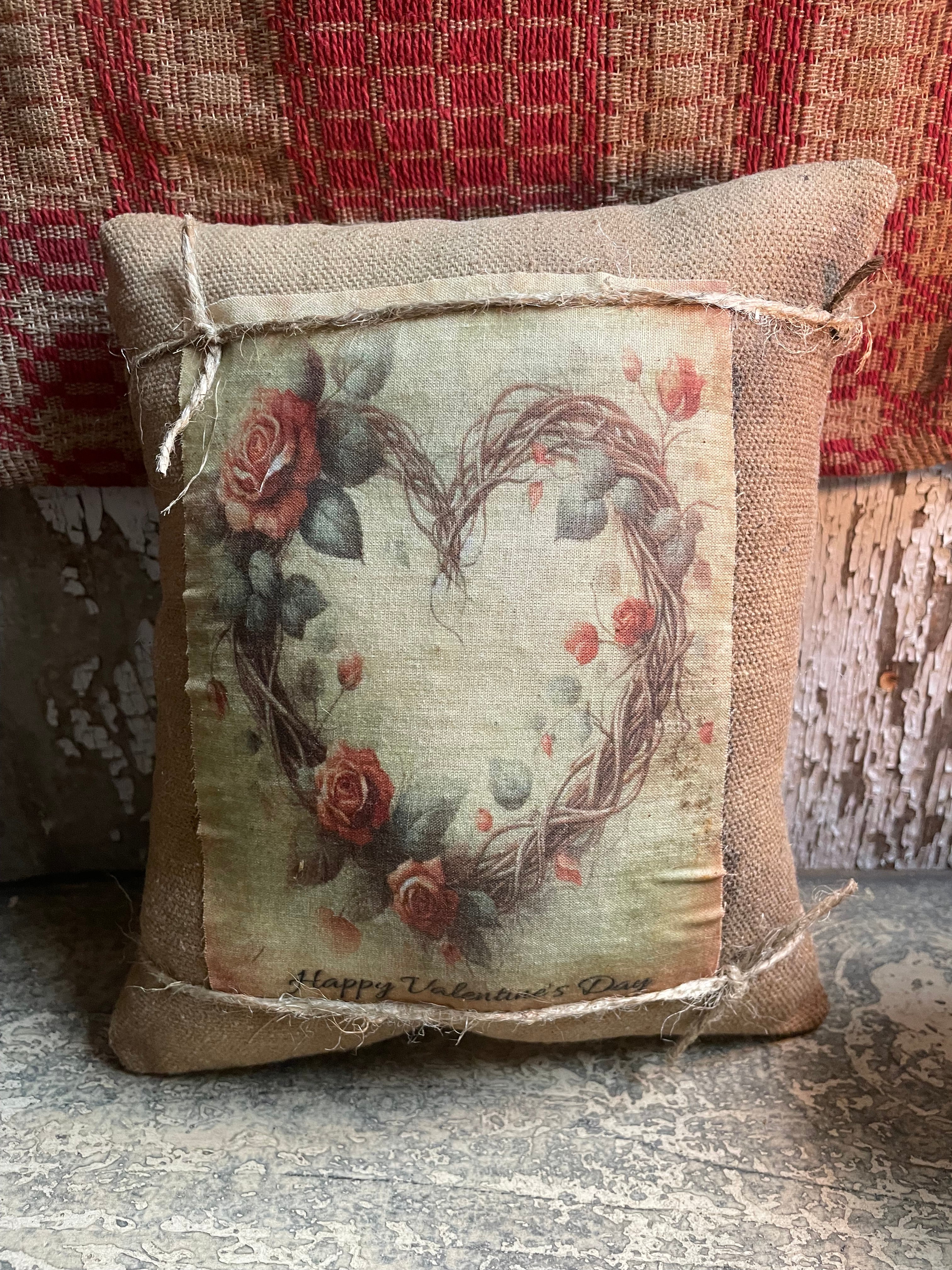 Small Primitive Valentines Feedsac Pillow 10x8