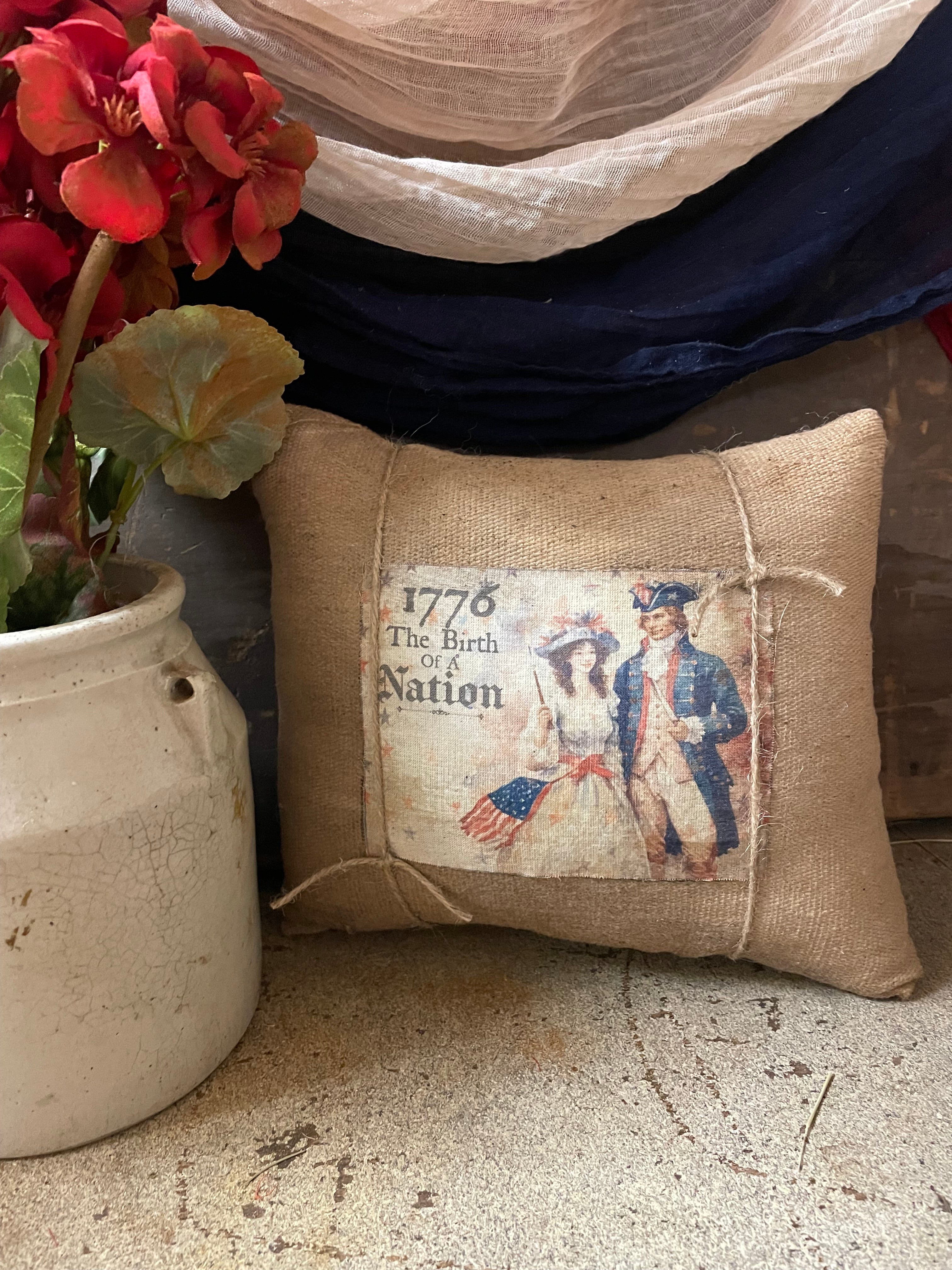 Small Primitive Americana Feedsac Pillow 10x8