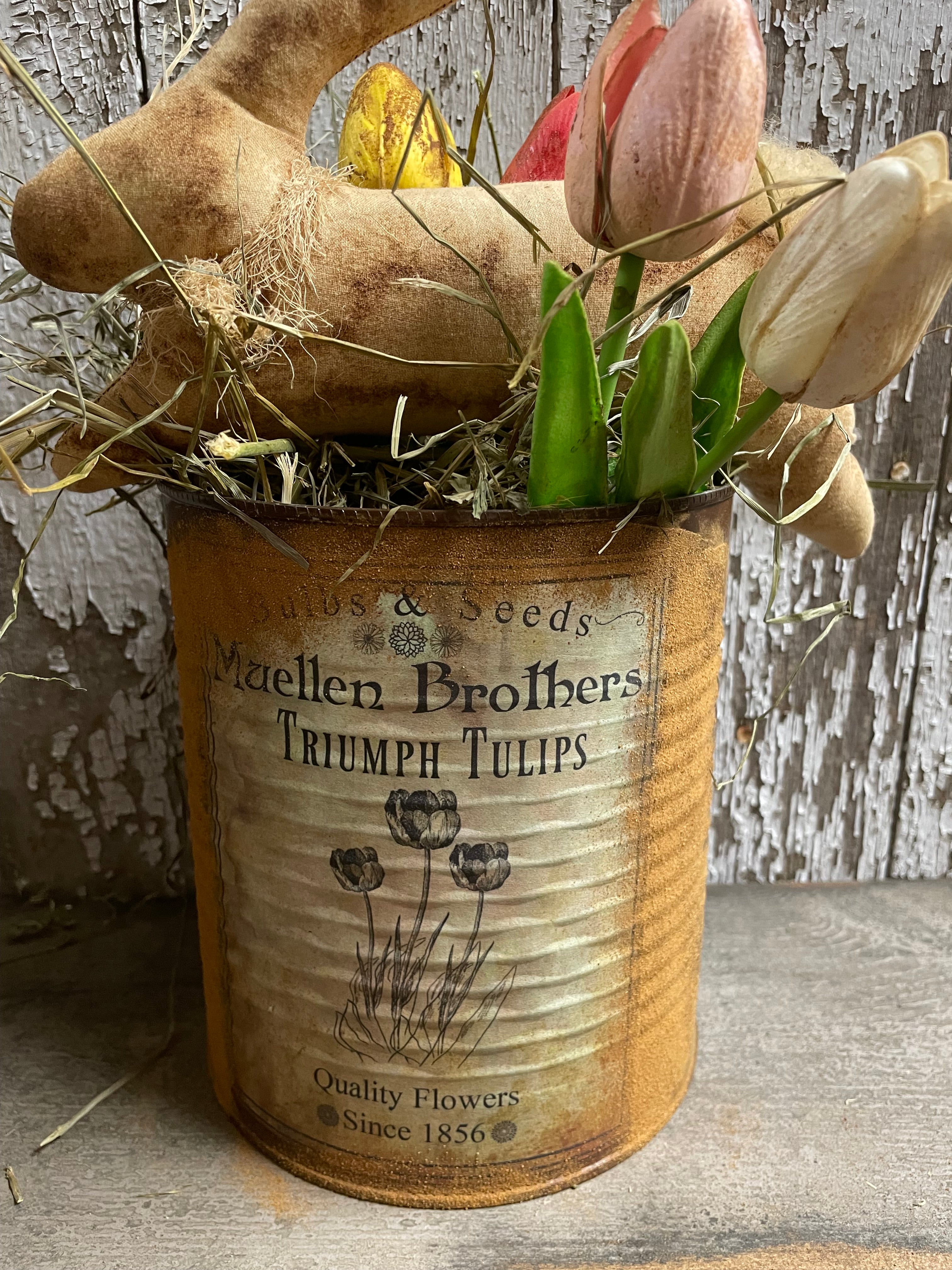 Primitive Easter Bunny And 6 Tulips In Can Sitter 12x9