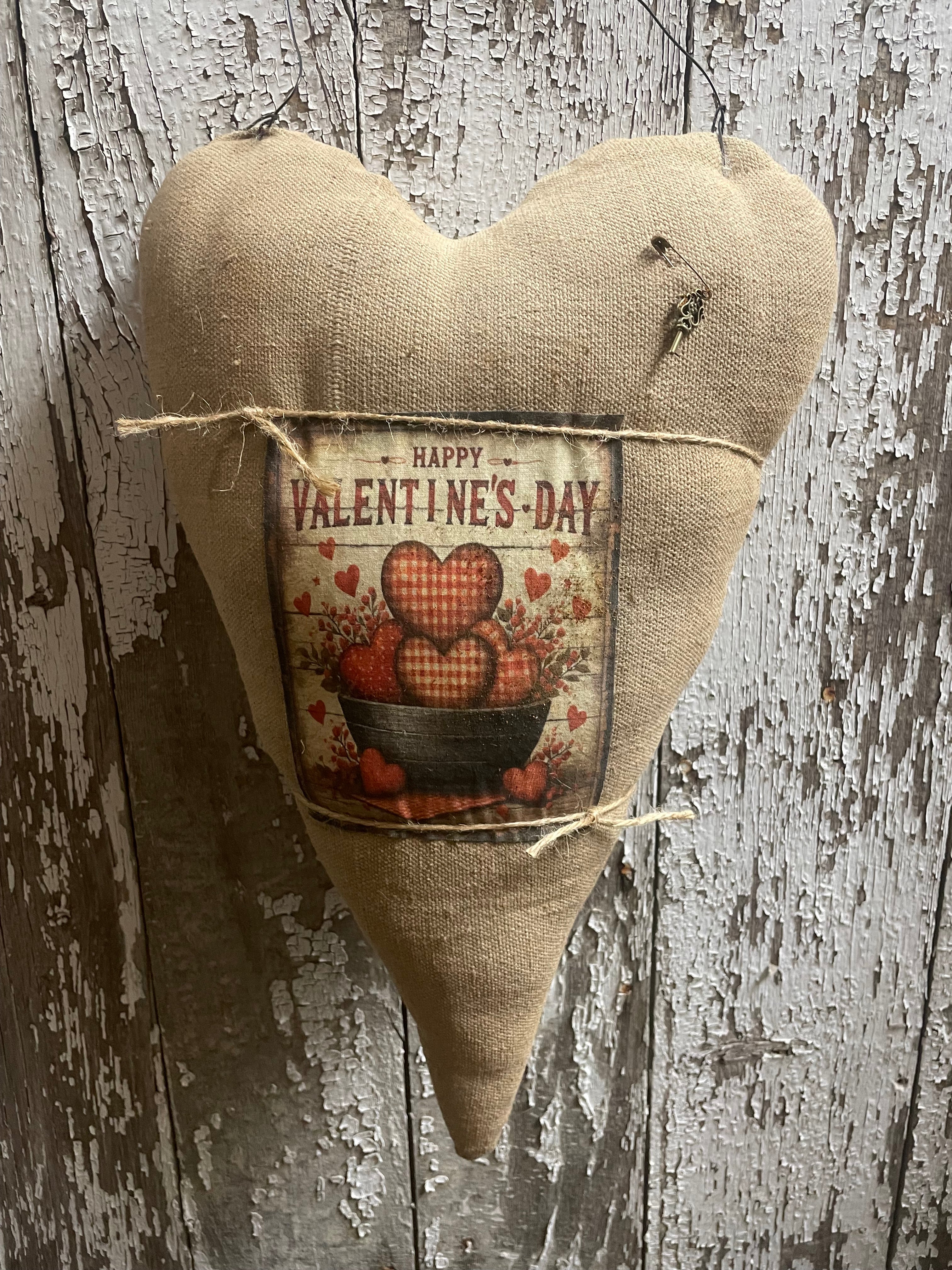 Primitive Grungy Feedsac Heart Door Hanger With Picture Tan 18x11