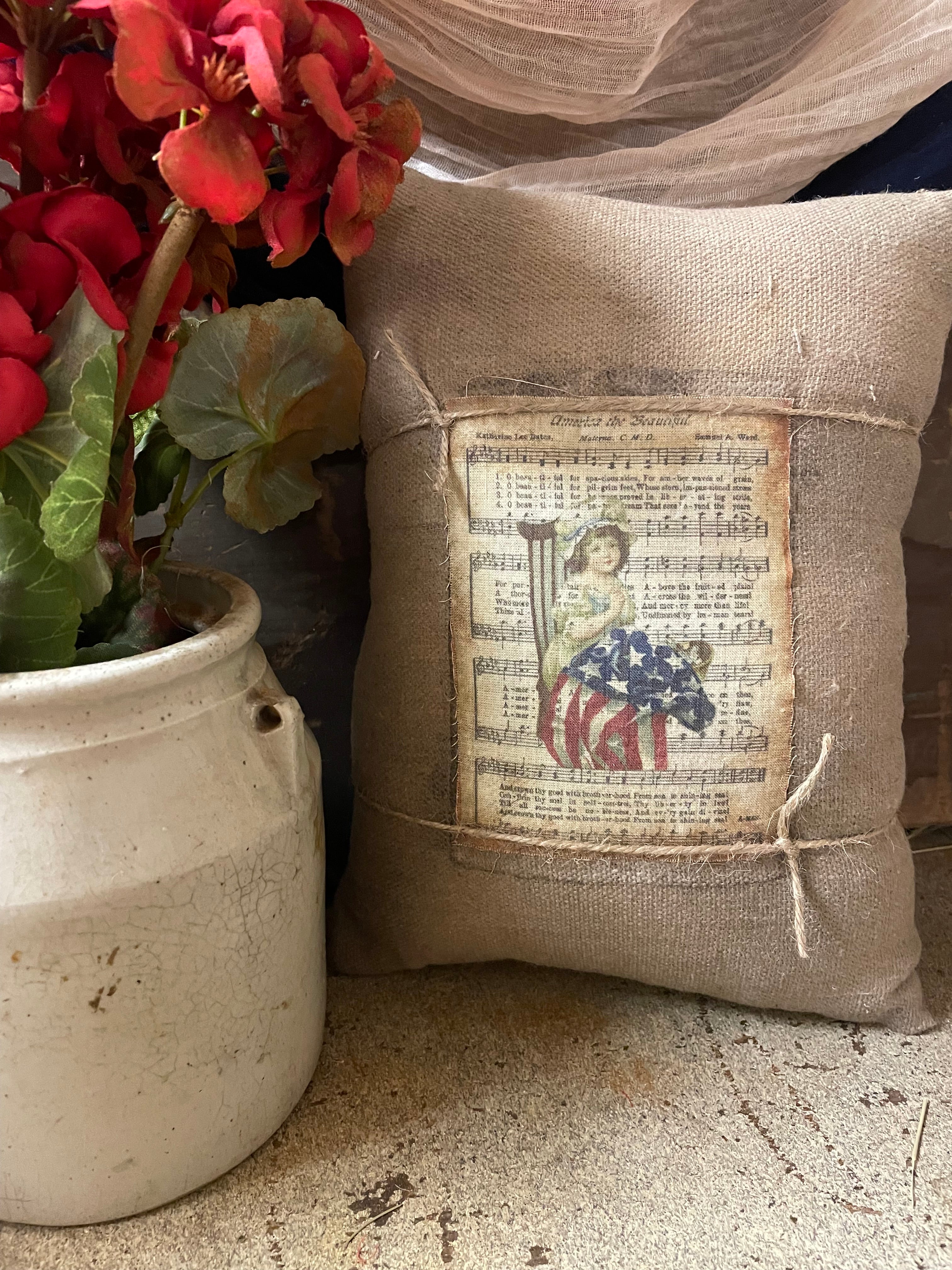 Small Primitive Americana Feedsac Pillow 10x8