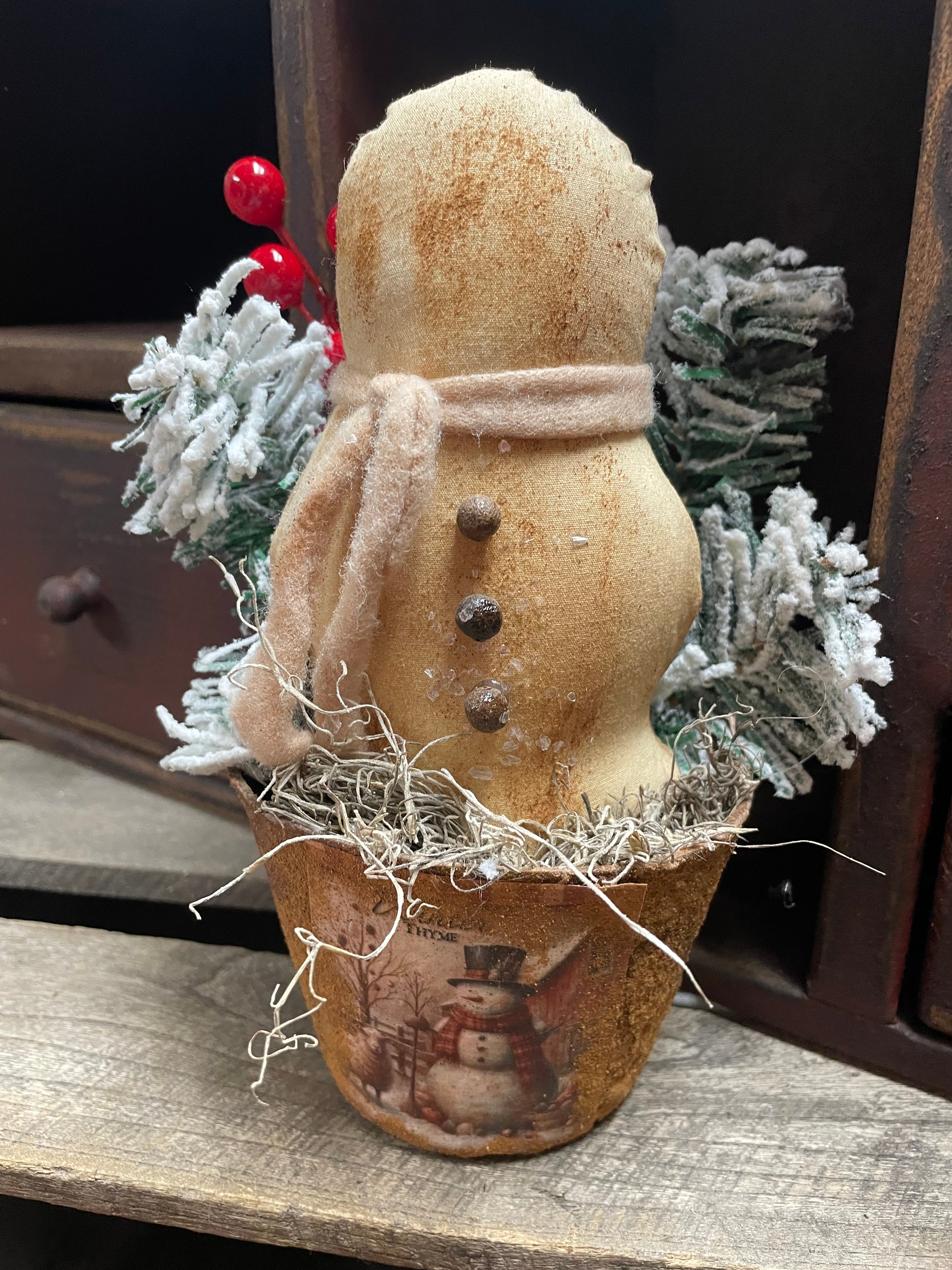 Primitive Grungy Christmas Snowman In Pot 8x4