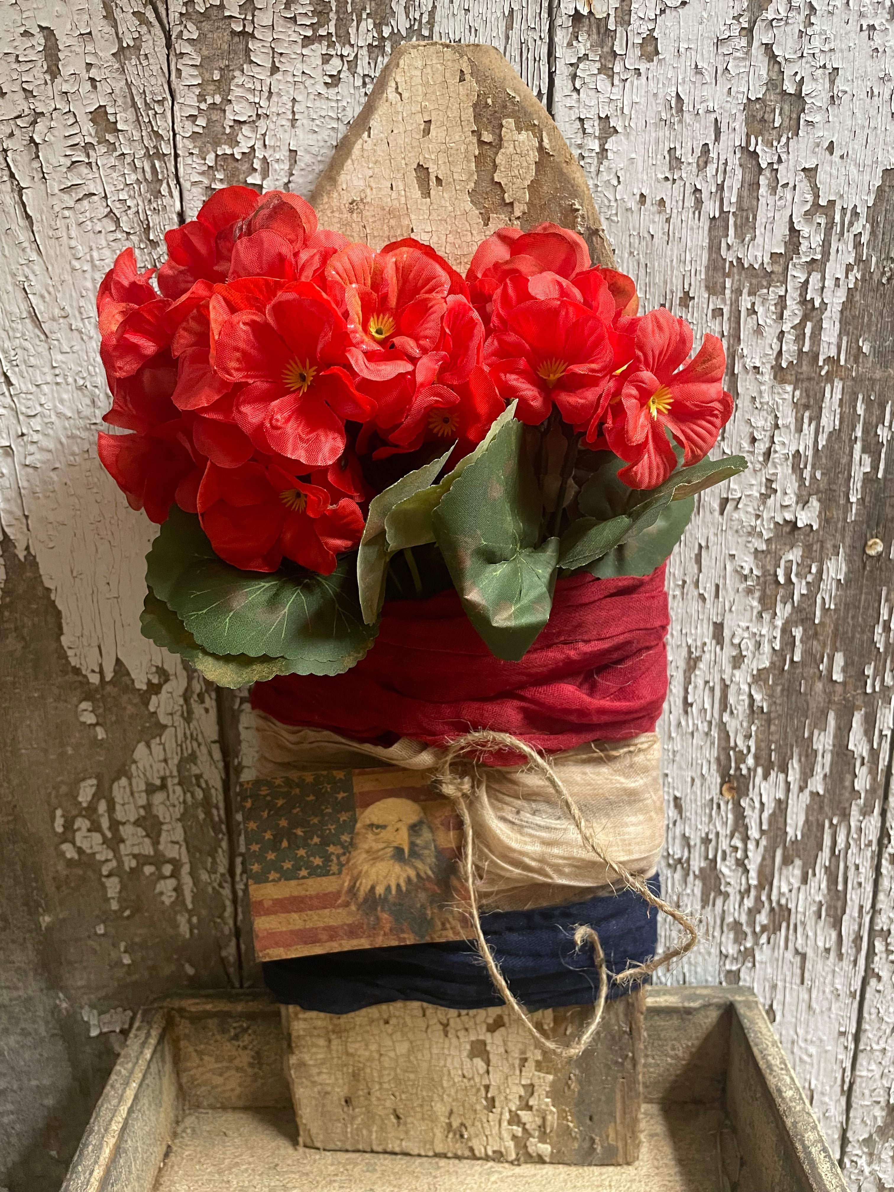 Primitive Geraniums Flag Cheesecloth On Pelt Board 18x6