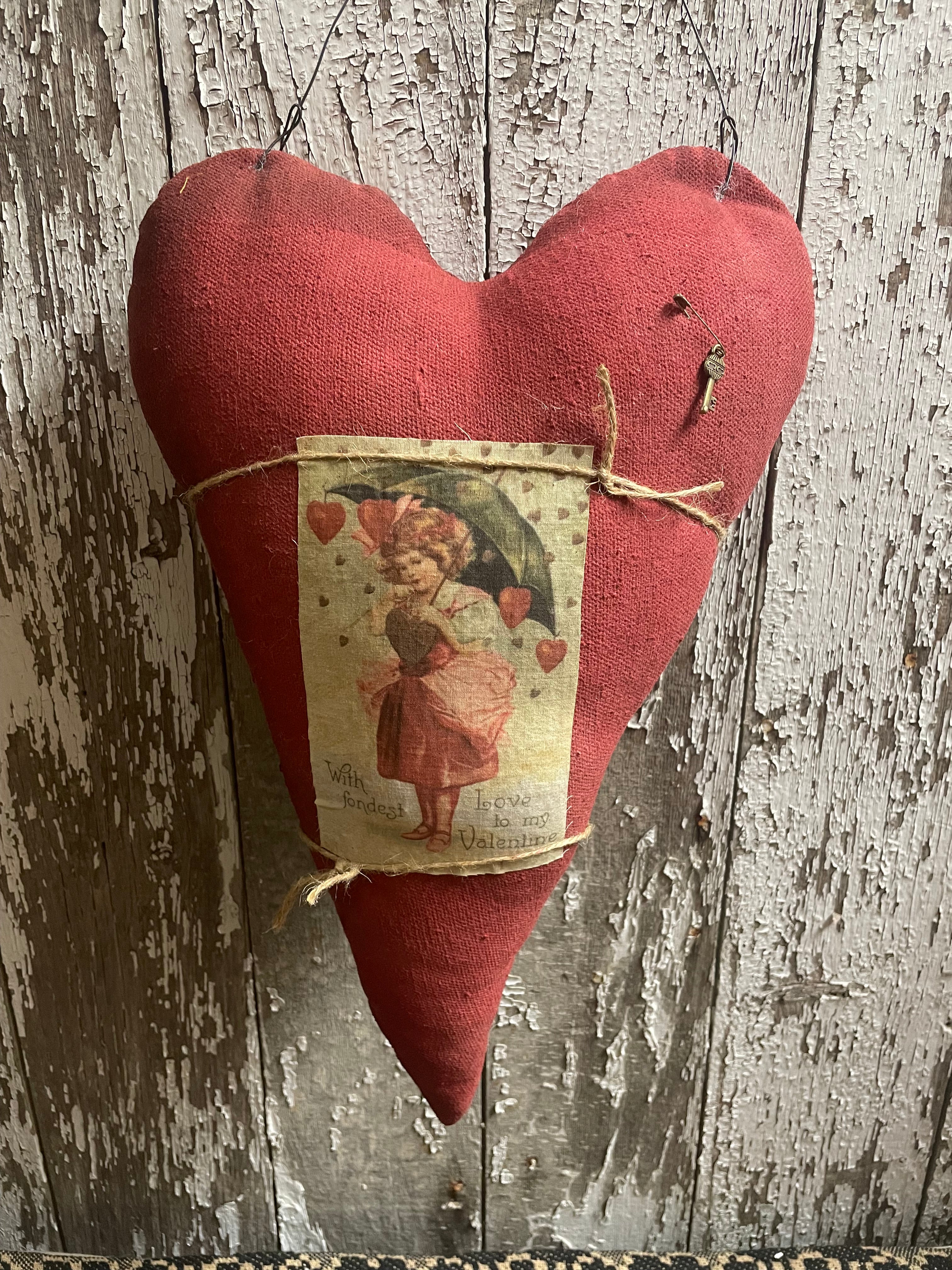 Primitive Grungy Feedsac Heart Door Hanger With Picture Red 18x11