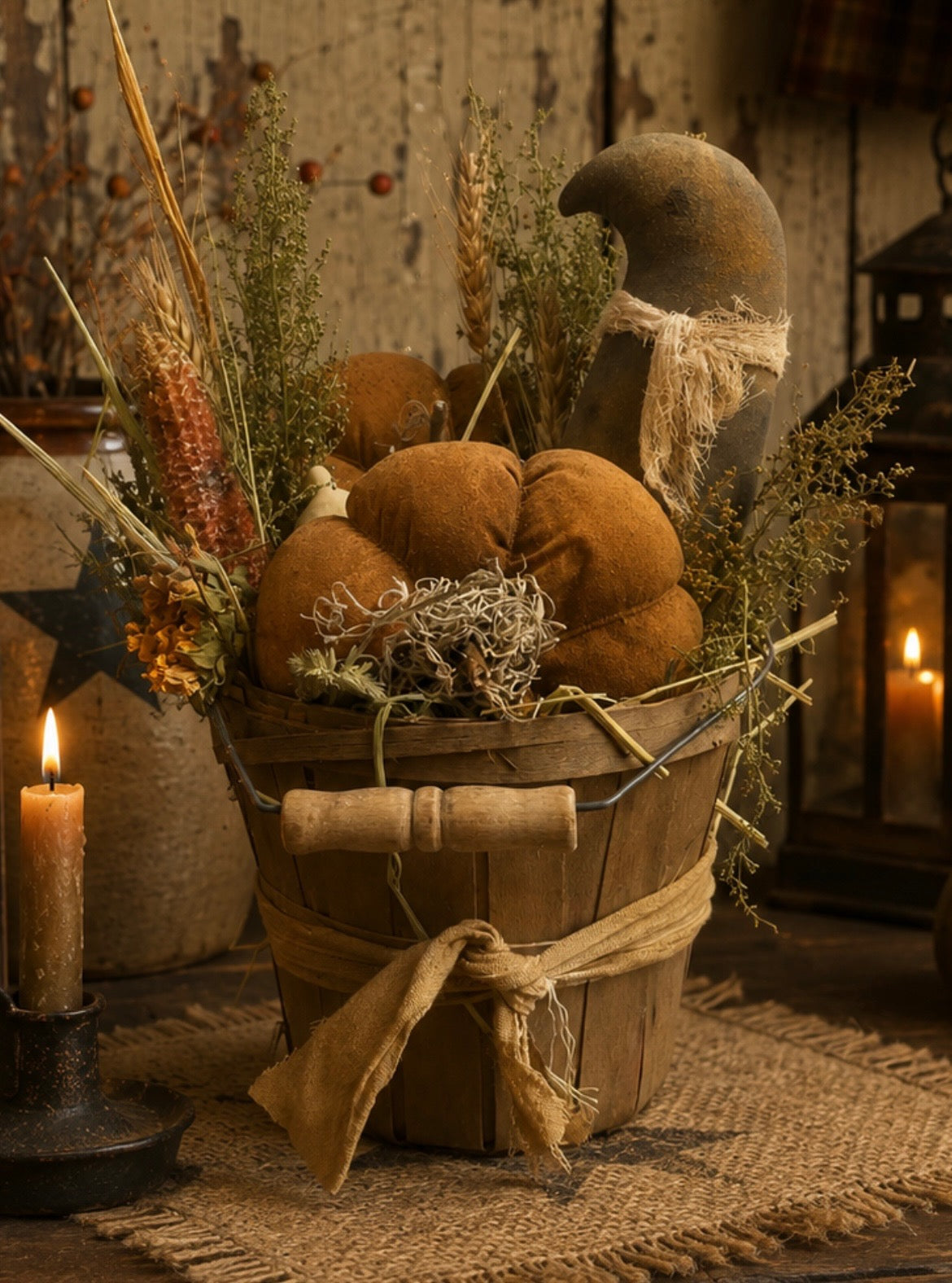 Primitive Pumpkins Crow In A Vintage Peach Basket Gathering 12x8