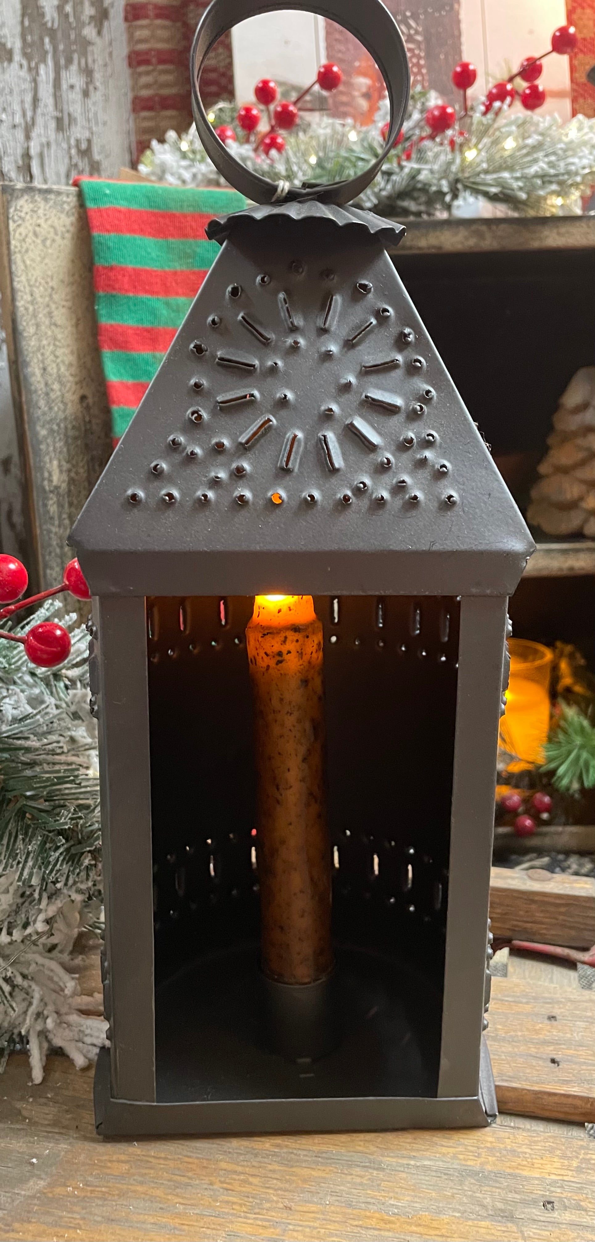 Small Punch Tin Ship Lantern With Candle 12x4 Tin