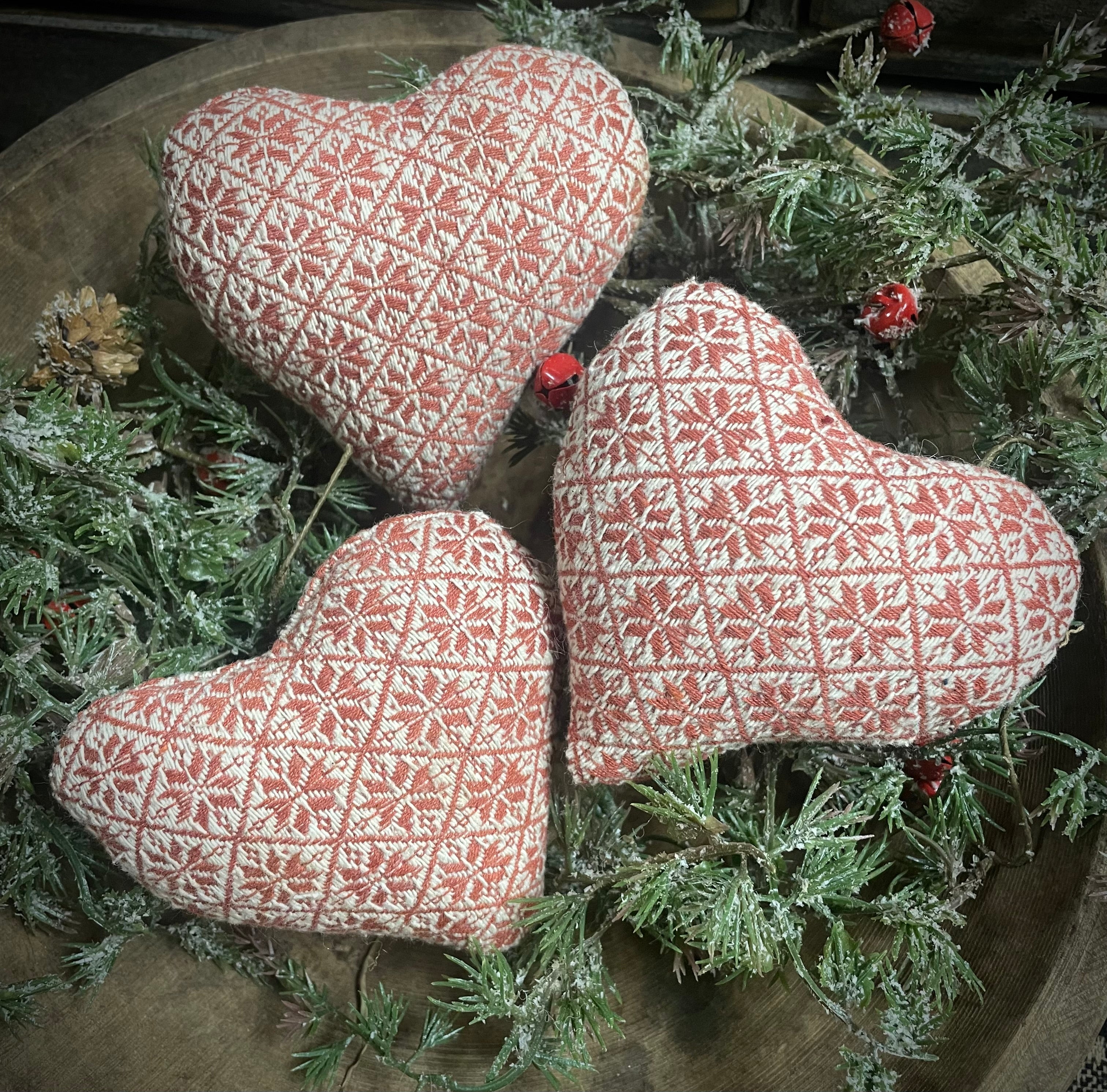 3 Primitive Handmade Valentines Coverlet Hearts Vintage Red 3x3