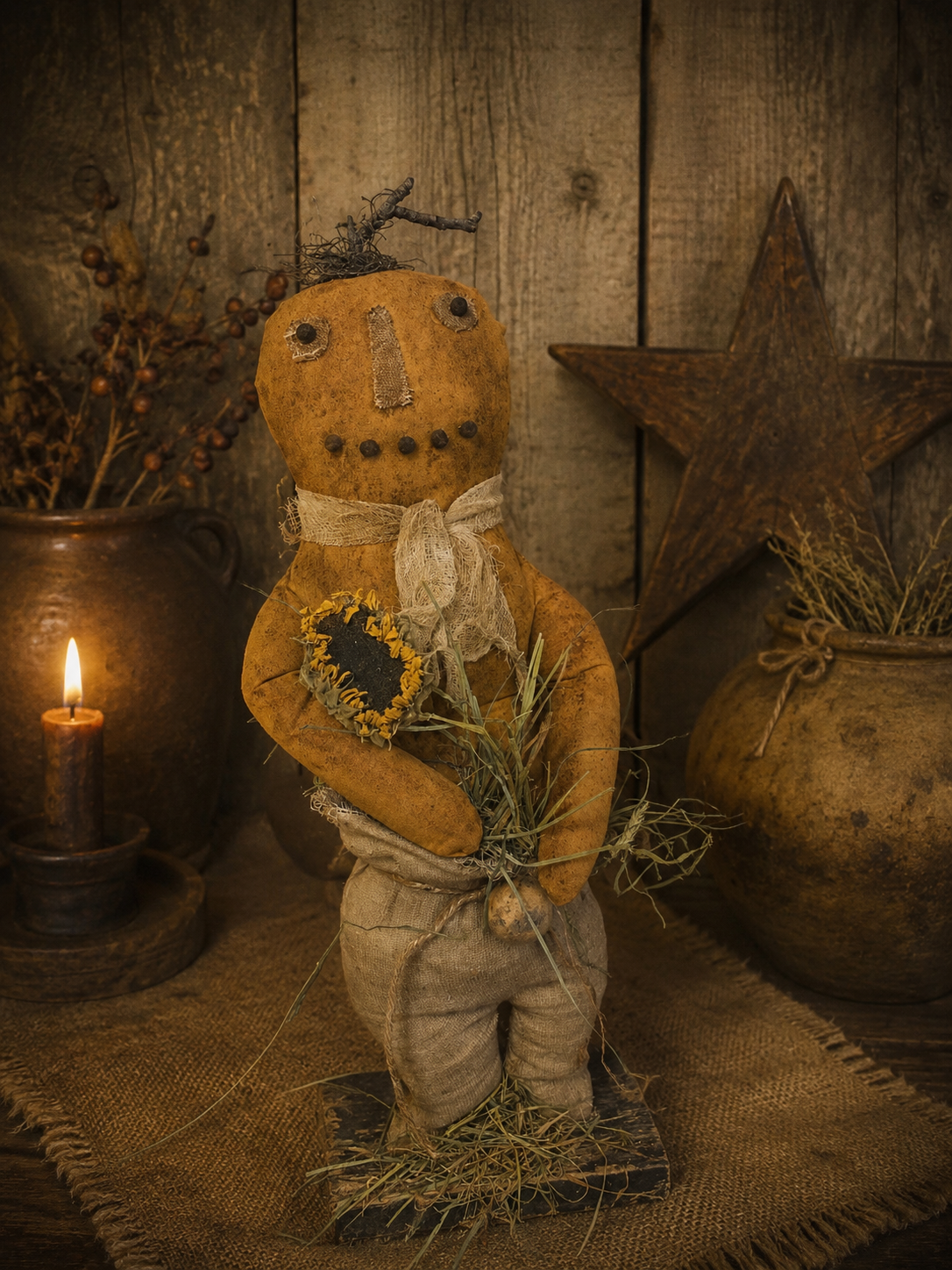 Primitive Grungy Pumpkin Doll On Stand 22x5