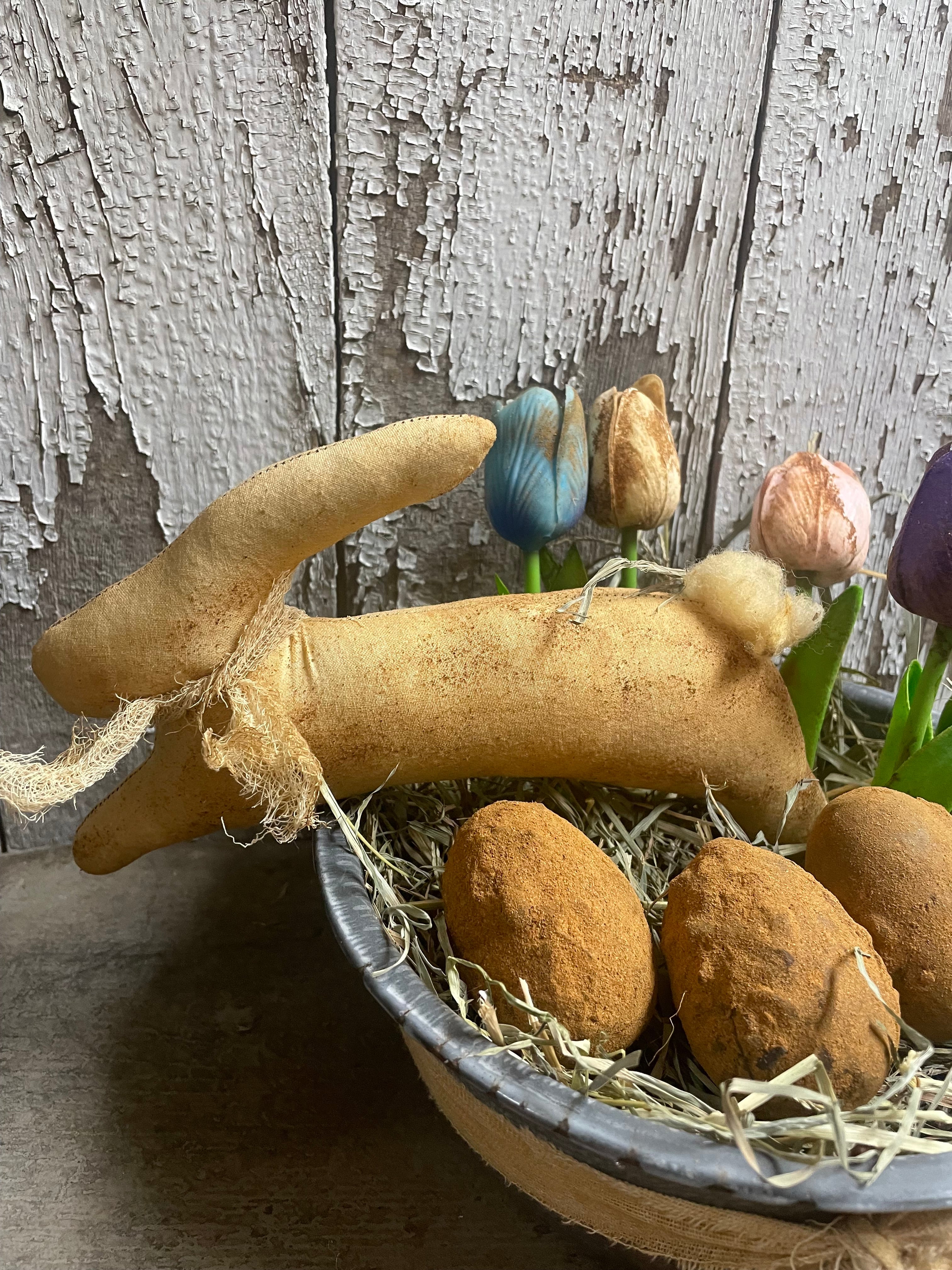 Primitive Bunny Tulips And Blackened Wax Eggs In Antique Enamelware Bowl 12x9