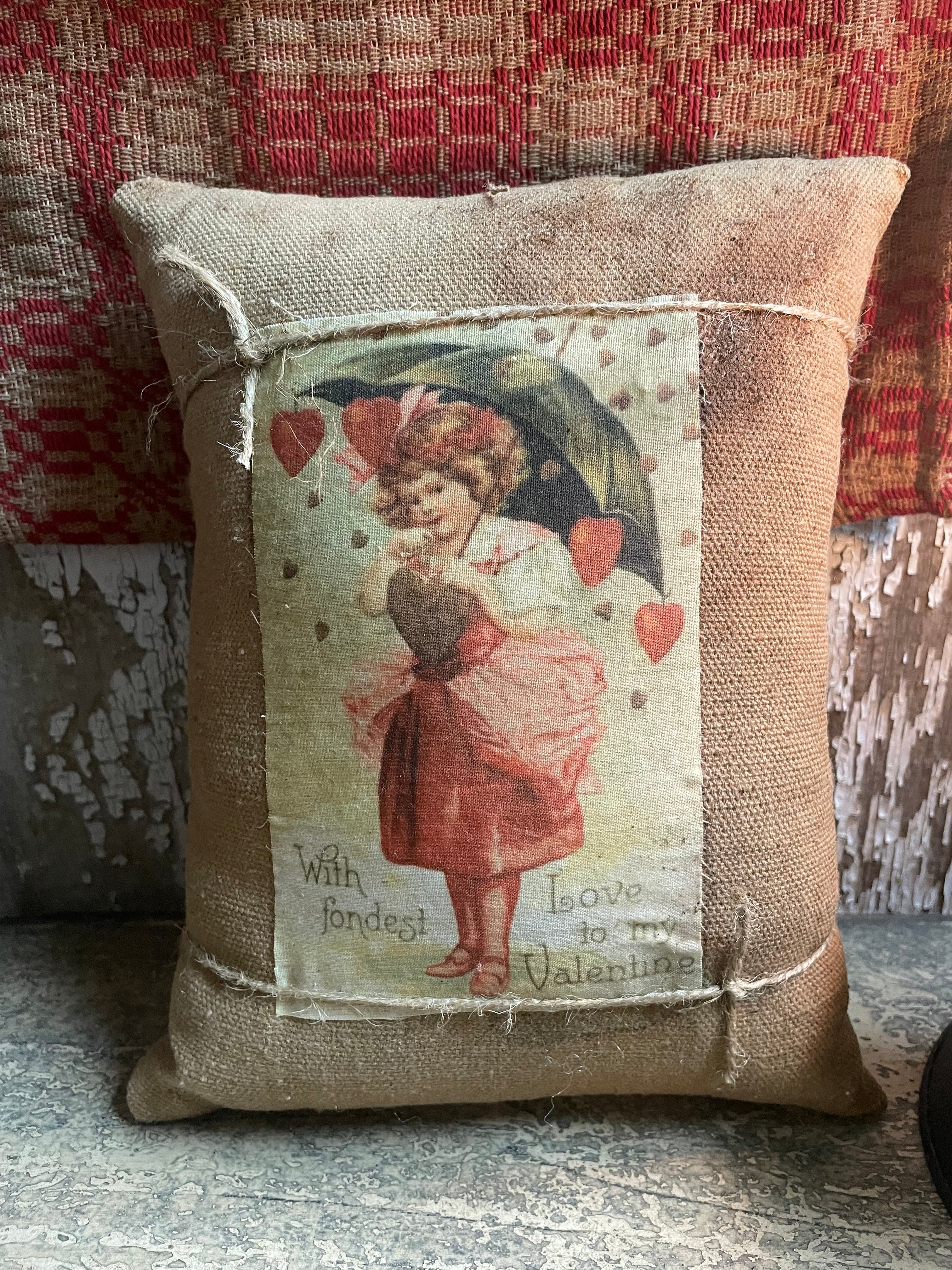 Small Primitive Valentines Feedsac Pillow 10x8