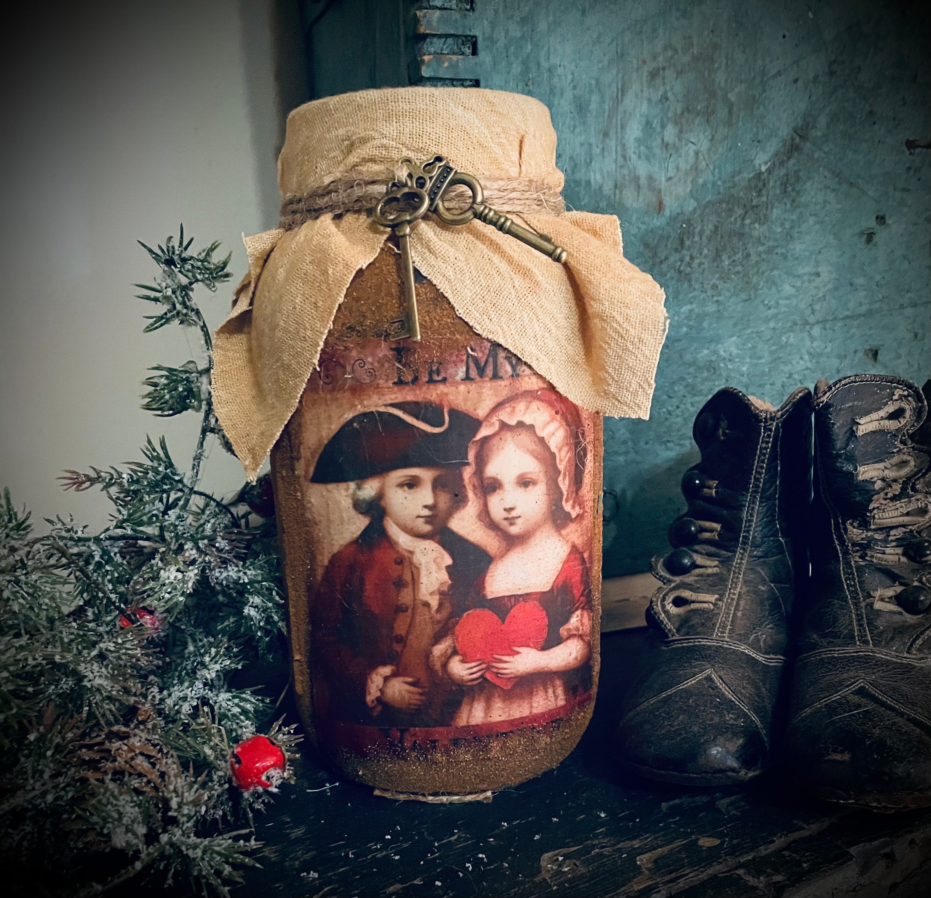 Primitive Valentines Jar With Picture And Keys 6x4