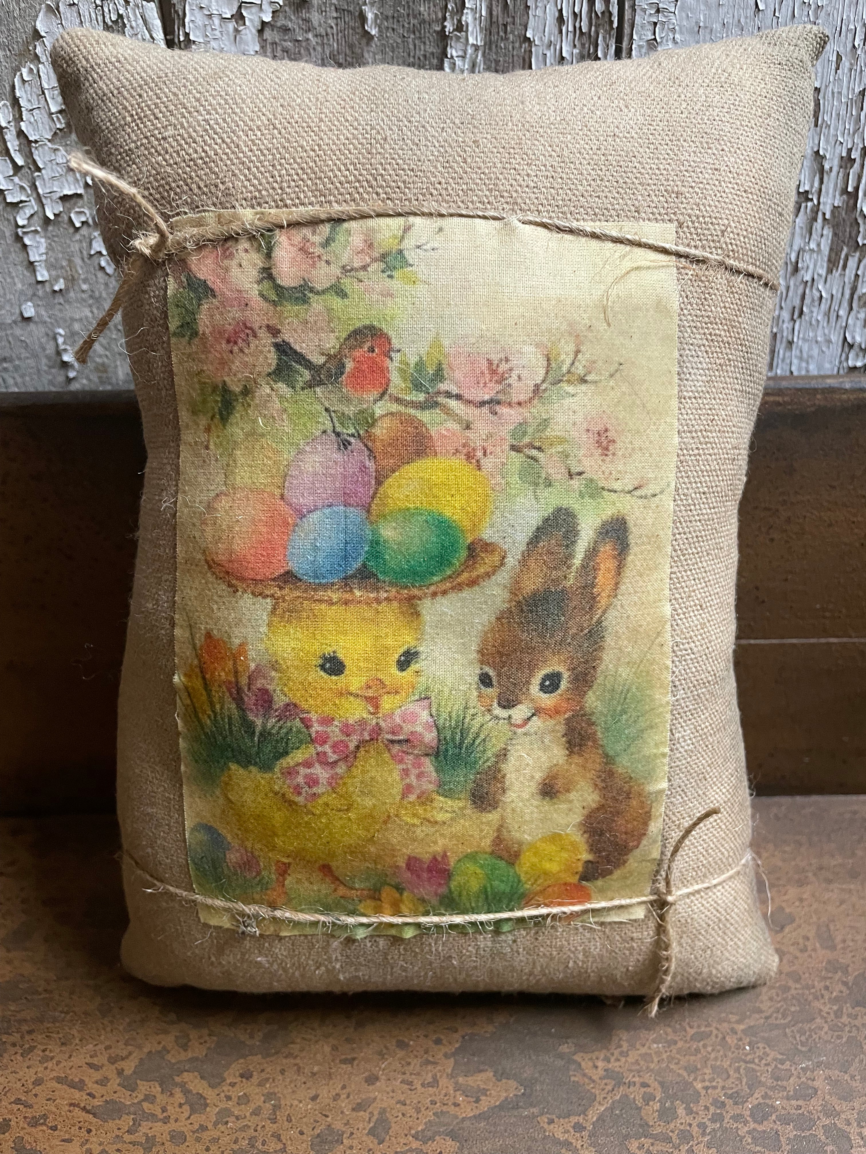 Small Primitive Easter Feedsac Pillow 10x8