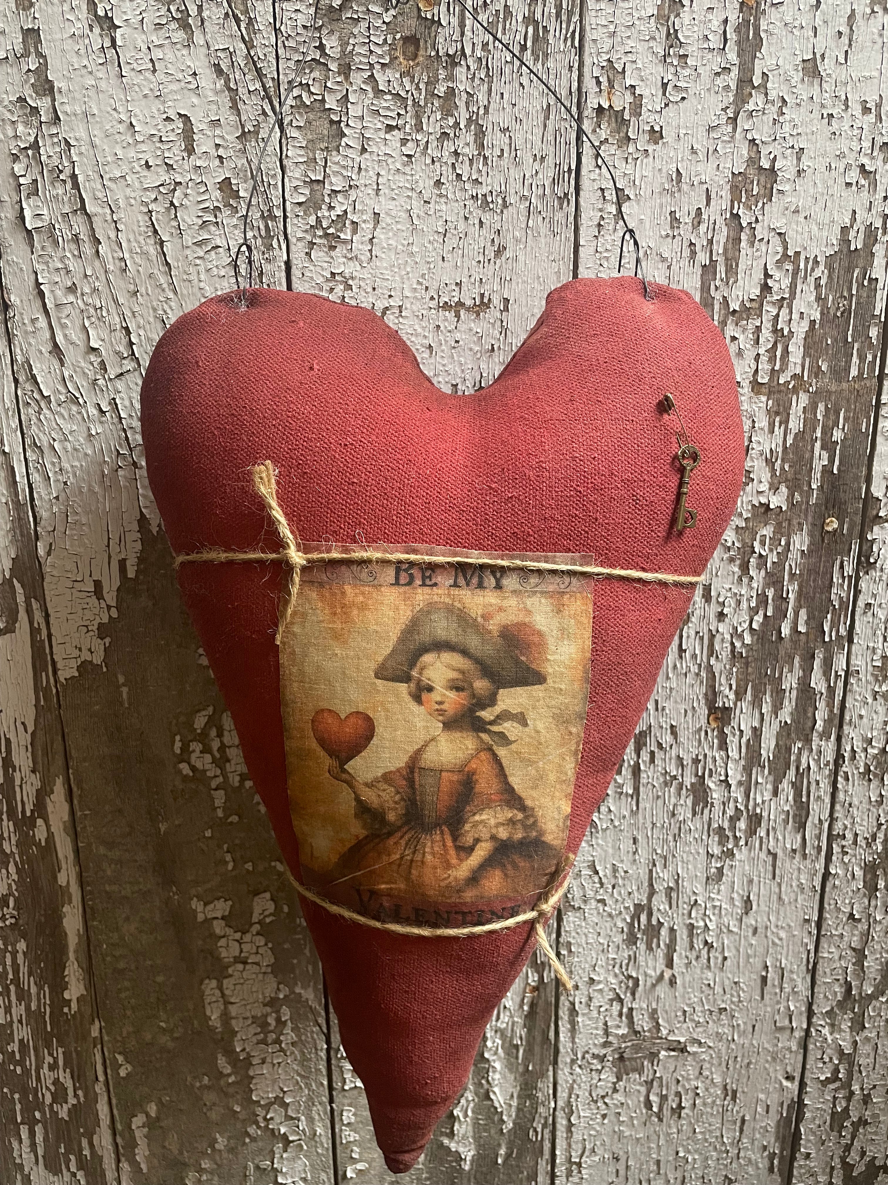 Primitive Grungy Feedsac Heart Door Hanger With Picture Red 18x11