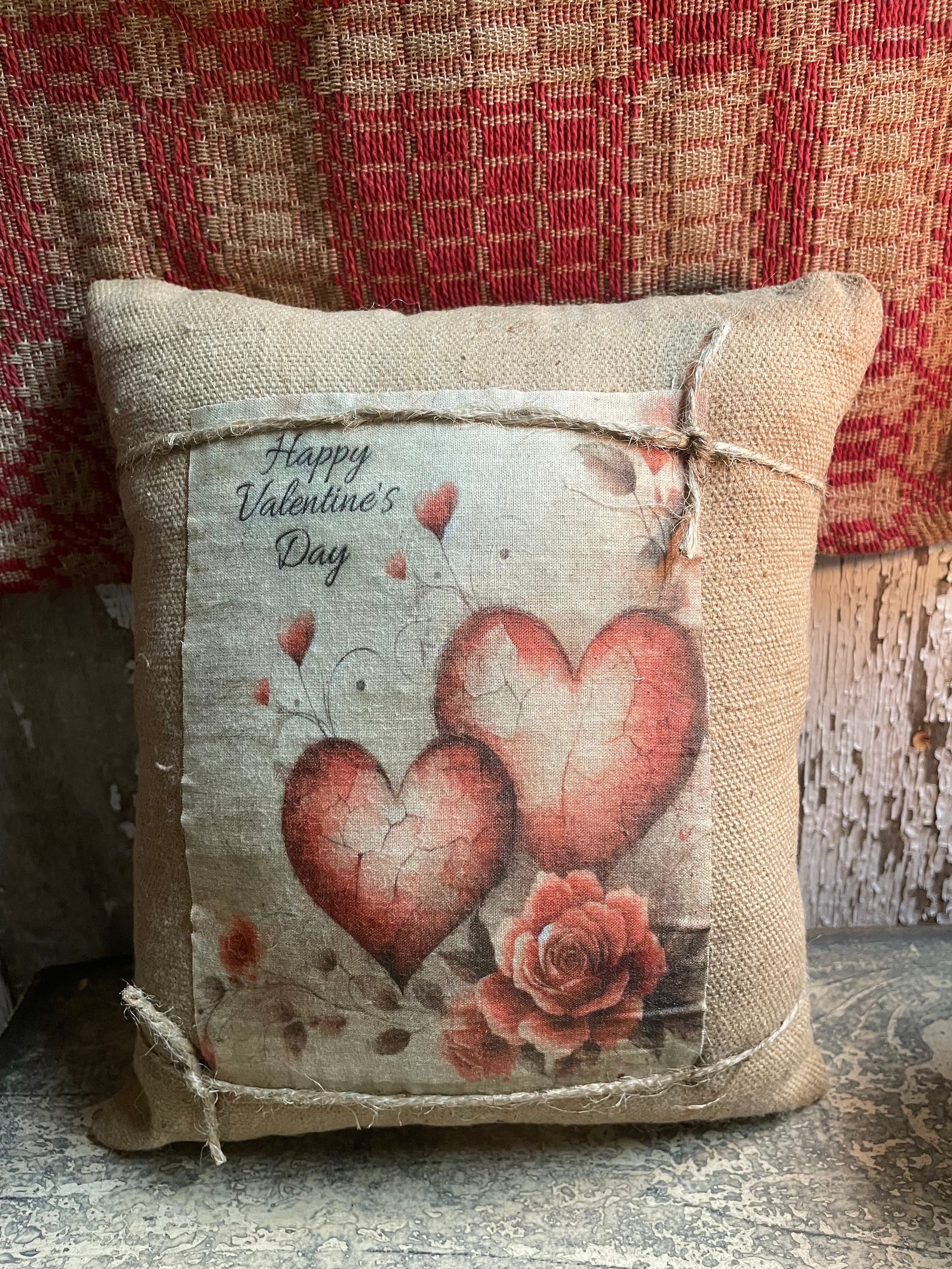 Small Primitive Valentines Feedsac Pillow 10x8