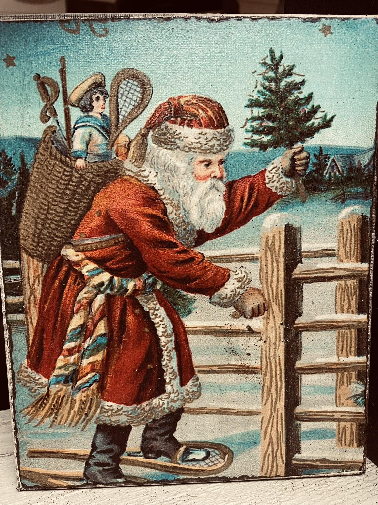 Primitive Winter Christmas Grungy Decorative Santa Canvas Print 8x10