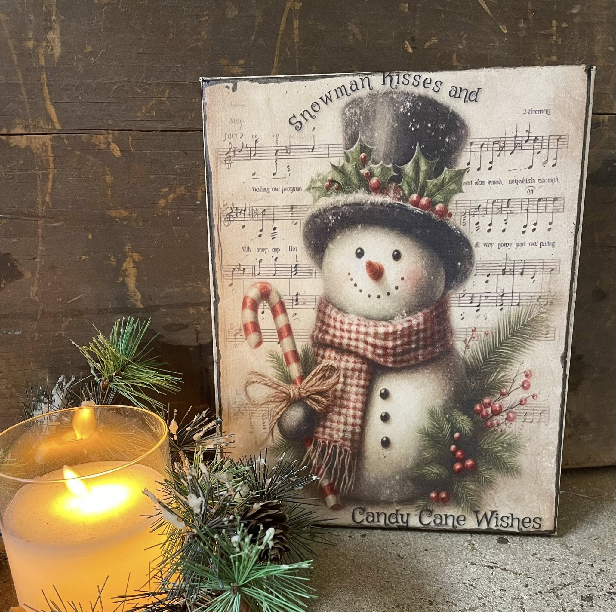Primitive Winter Christmas Grungy Decorative Snowman Canvas Print 8x10