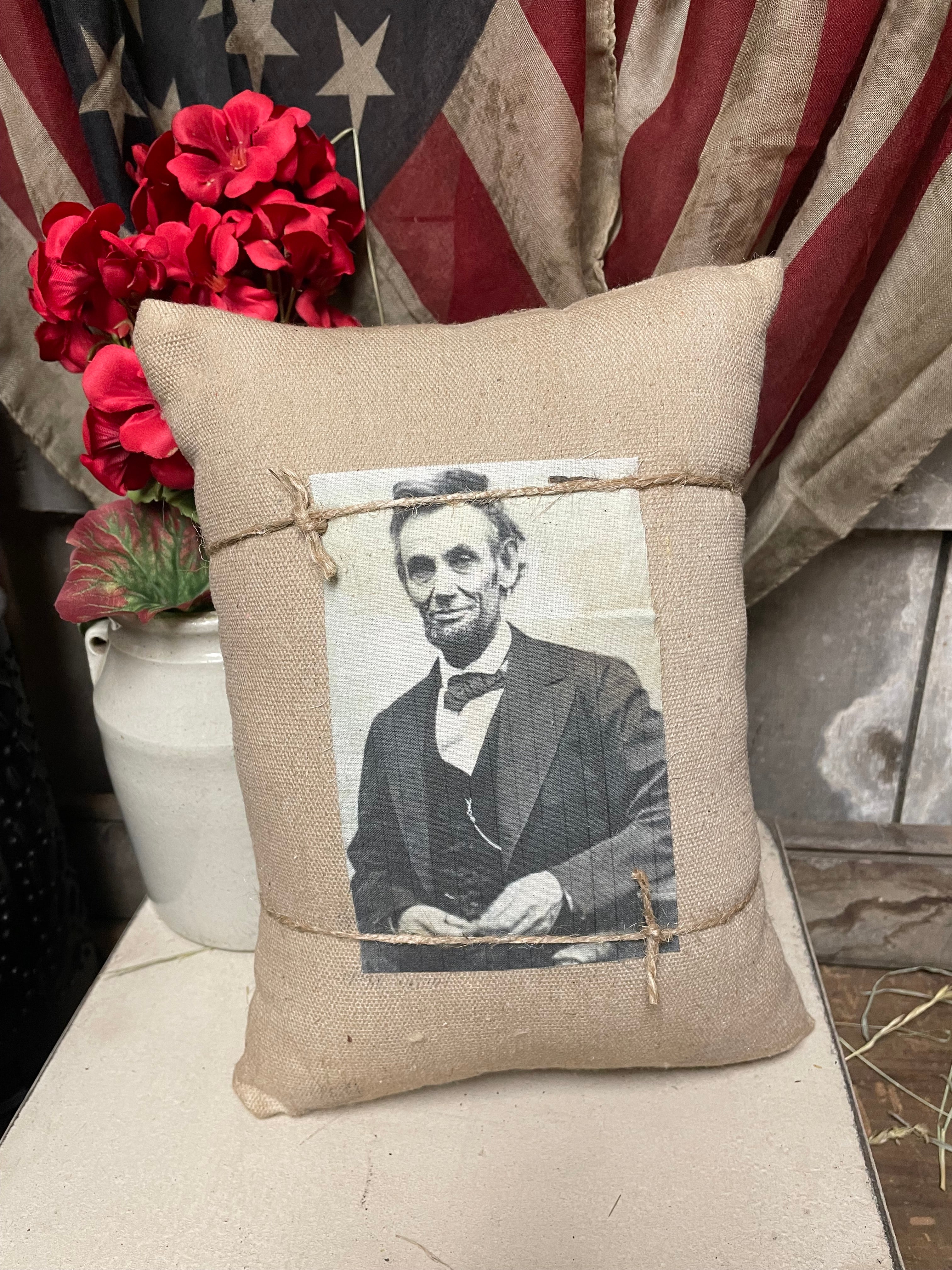 Small Primitive Americana Feedsac Pillow 10x8