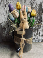 Primitive Peep And Ten Tulips In Antique Sifter Gathering 12x7