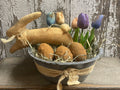 Primitive Bunny Tulips And Blackened Wax Eggs In Antique Enamelware Bowl 12x9