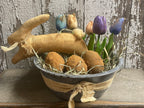 Primitive Bunny Tulips And Blackened Wax Eggs In Antique Enamelware Bowl 12x9