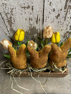 Primitive Tulips And Peeps In Blackened Wax Pots In Cheese Box 9x9