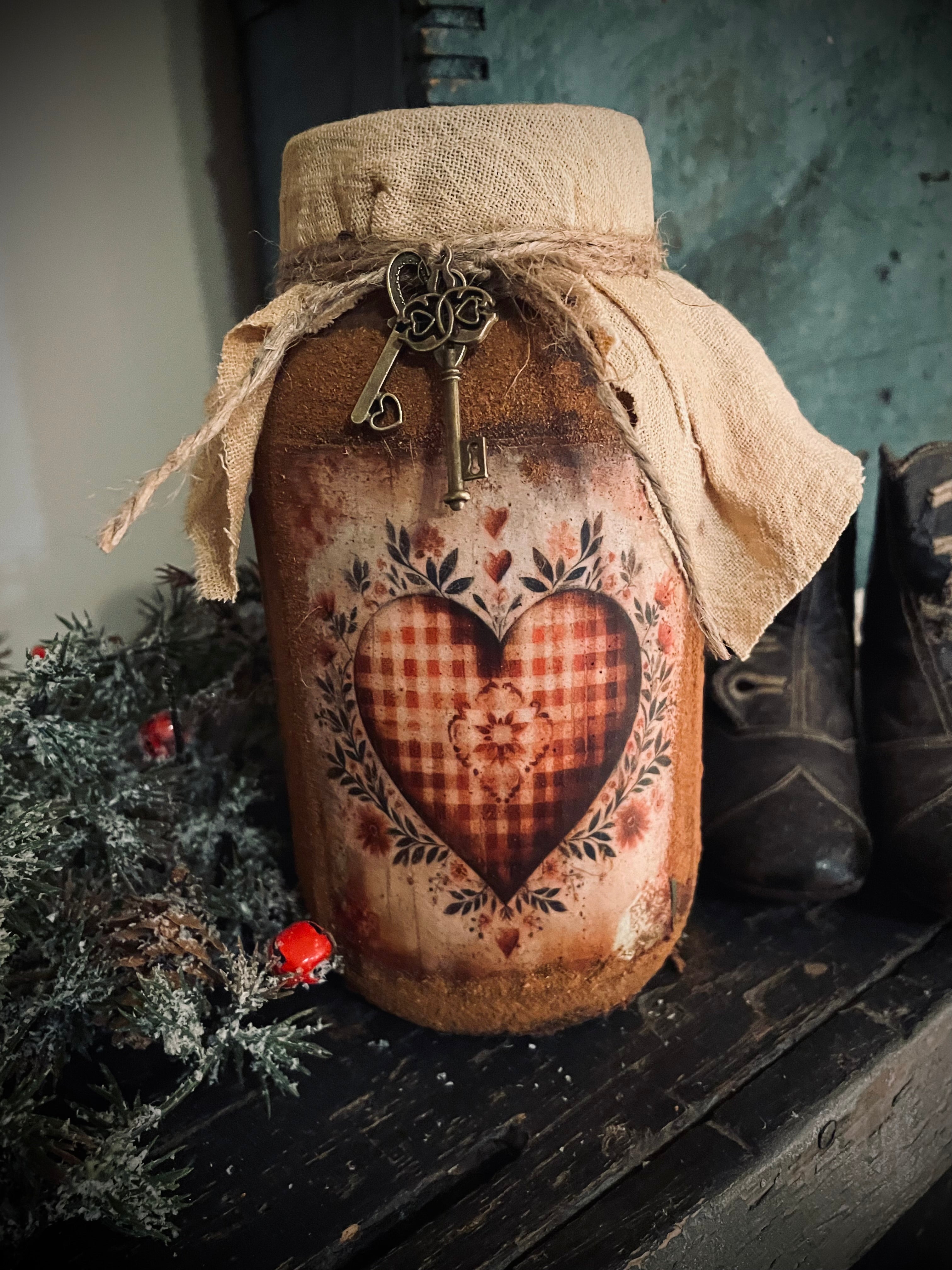 Primitive Valentines Jar With Picture And Keys 6x4