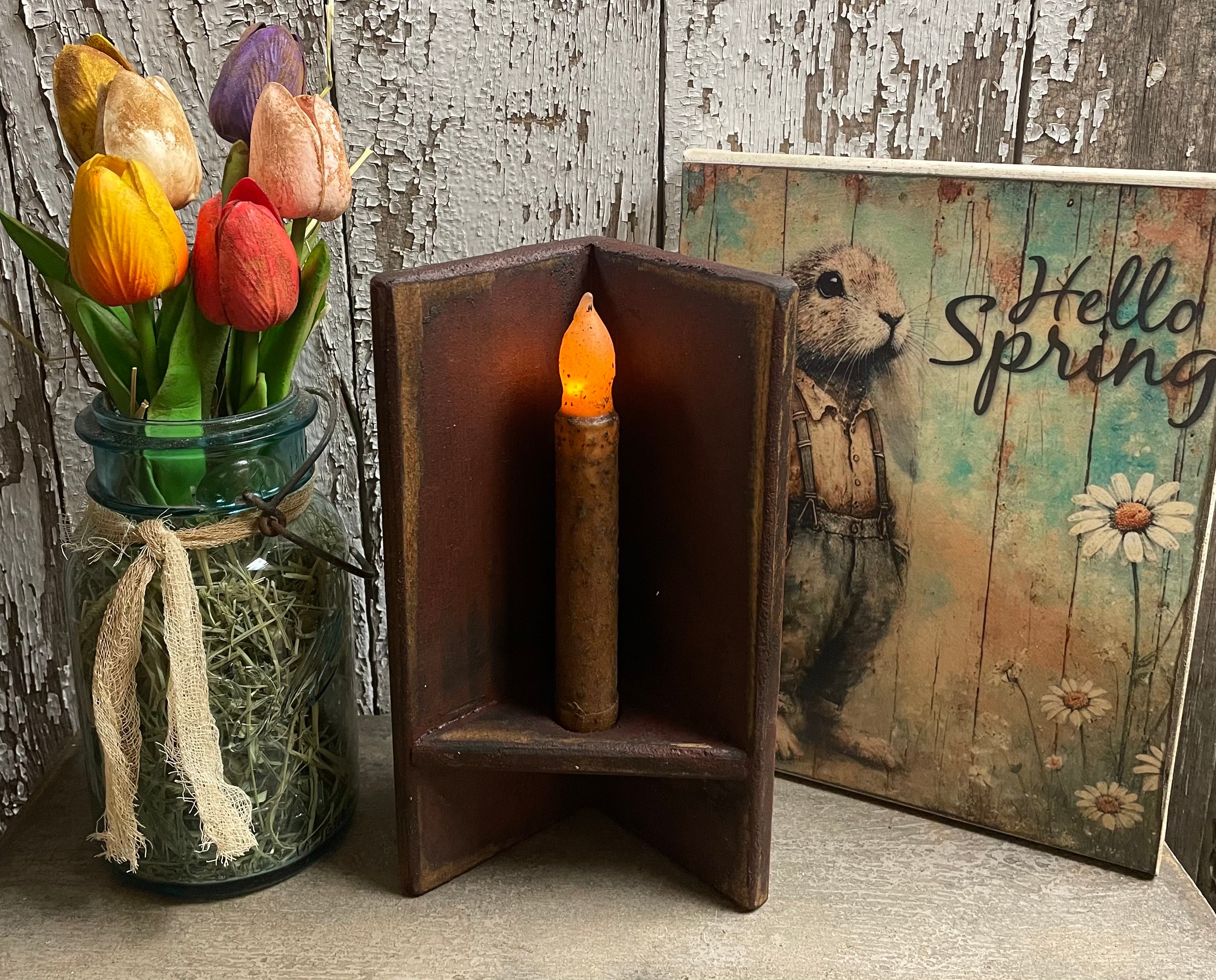 Primitive Corner Sconce With Candle 9x3x4 Red