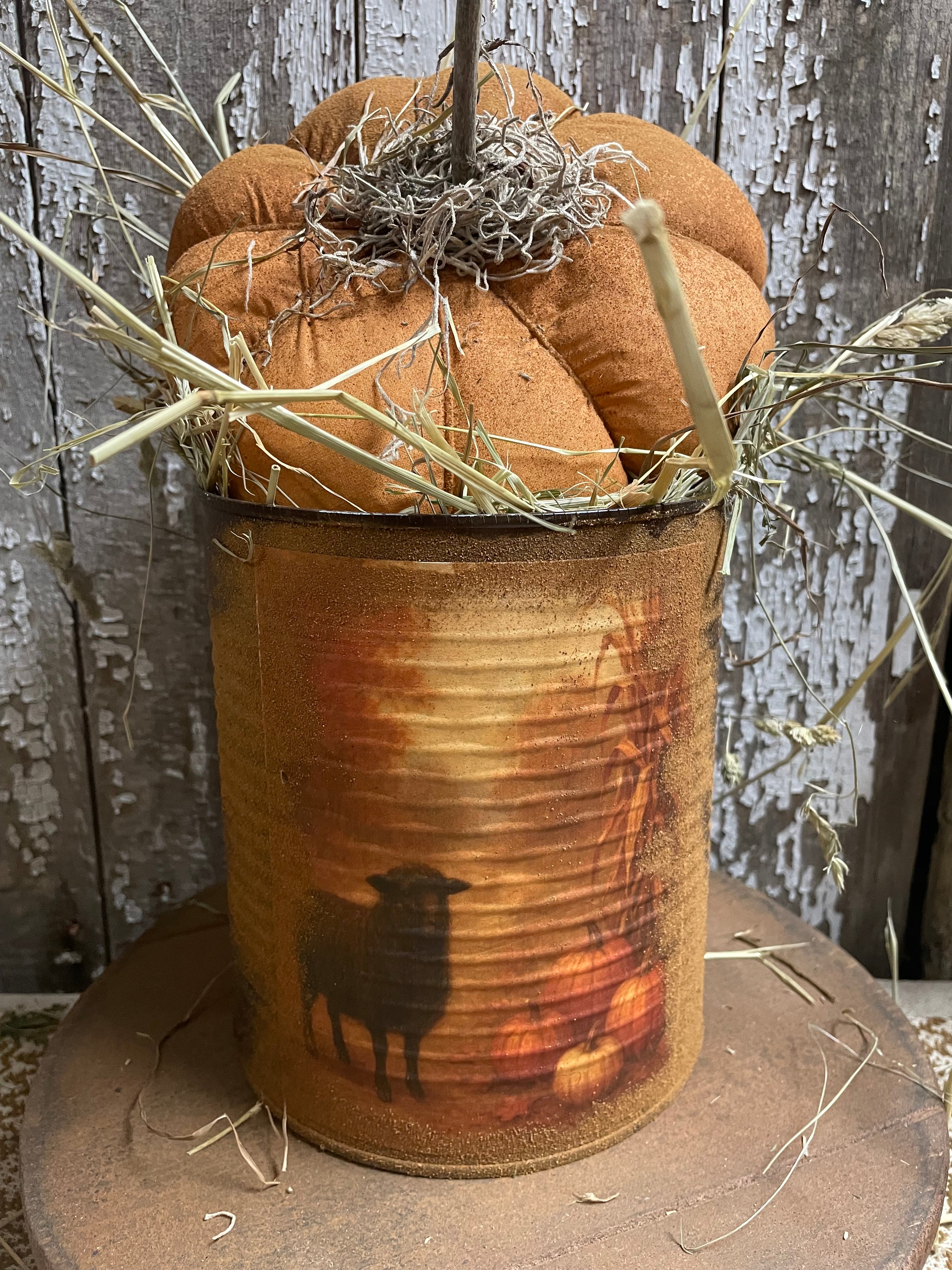Primitive Pumpkin In Can Shelf Sitter 9x6