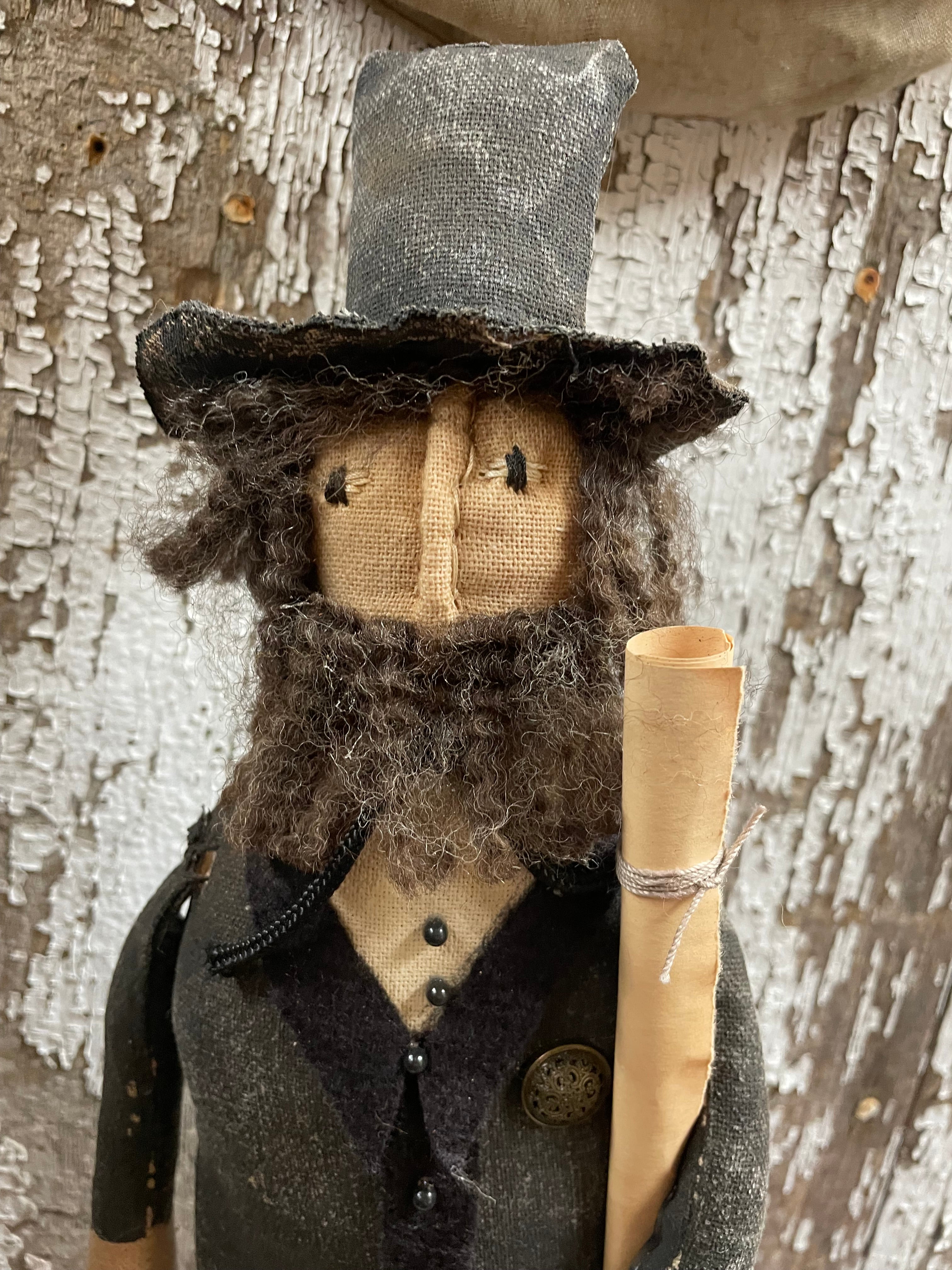 Primitive Abe Doll On Stand 16x5