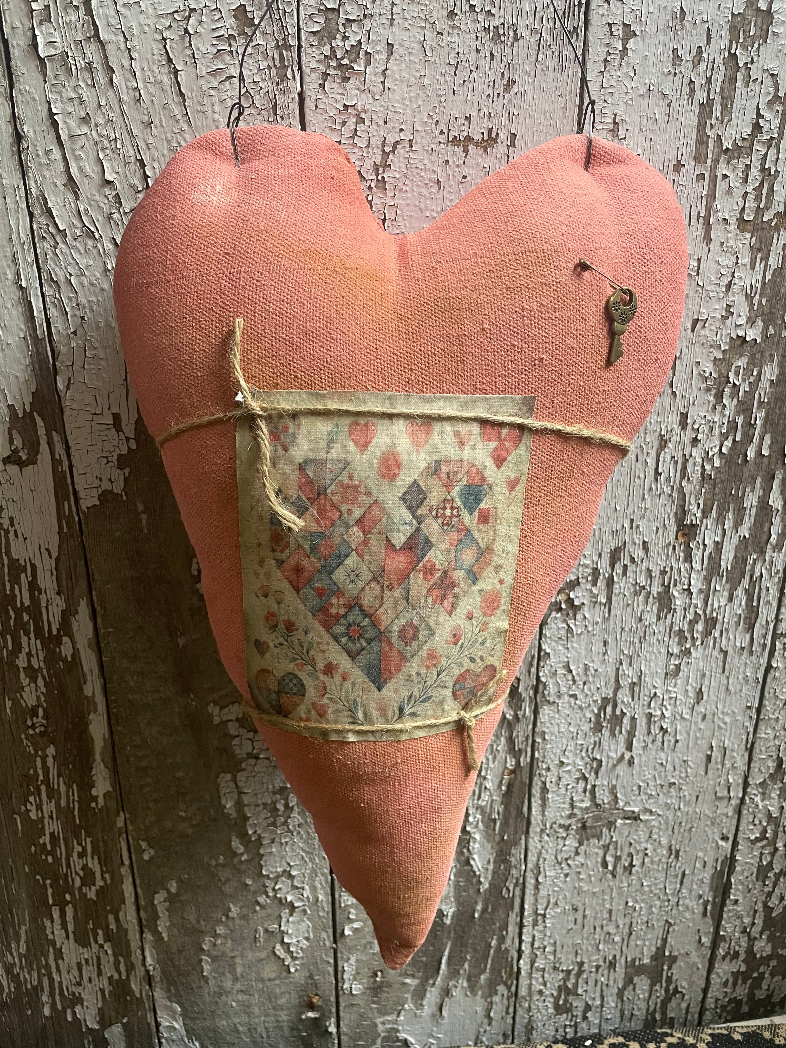Primitive Grungy Feedsac Heart Door Hanger With Picture Pink 18x11