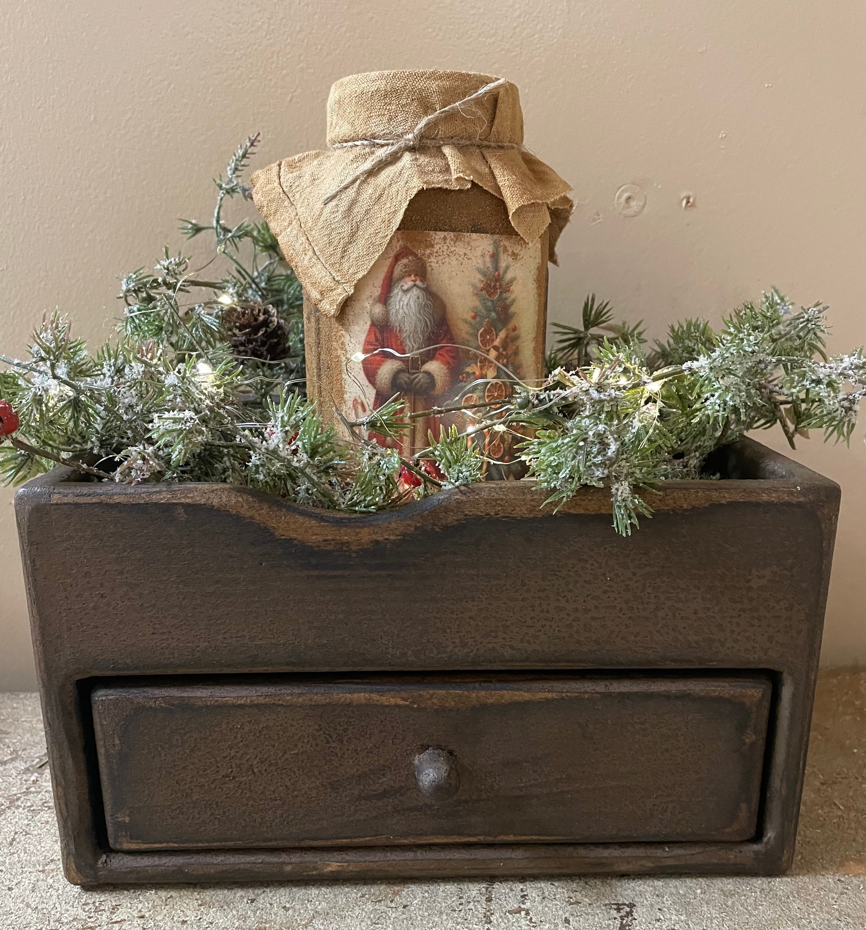 Primitive Wooden One Drawer Cubby 10x8x6 Brown Over Mustard