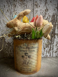 Primitive Easter Bunny And 6 Tulips In Can Sitter 12x9